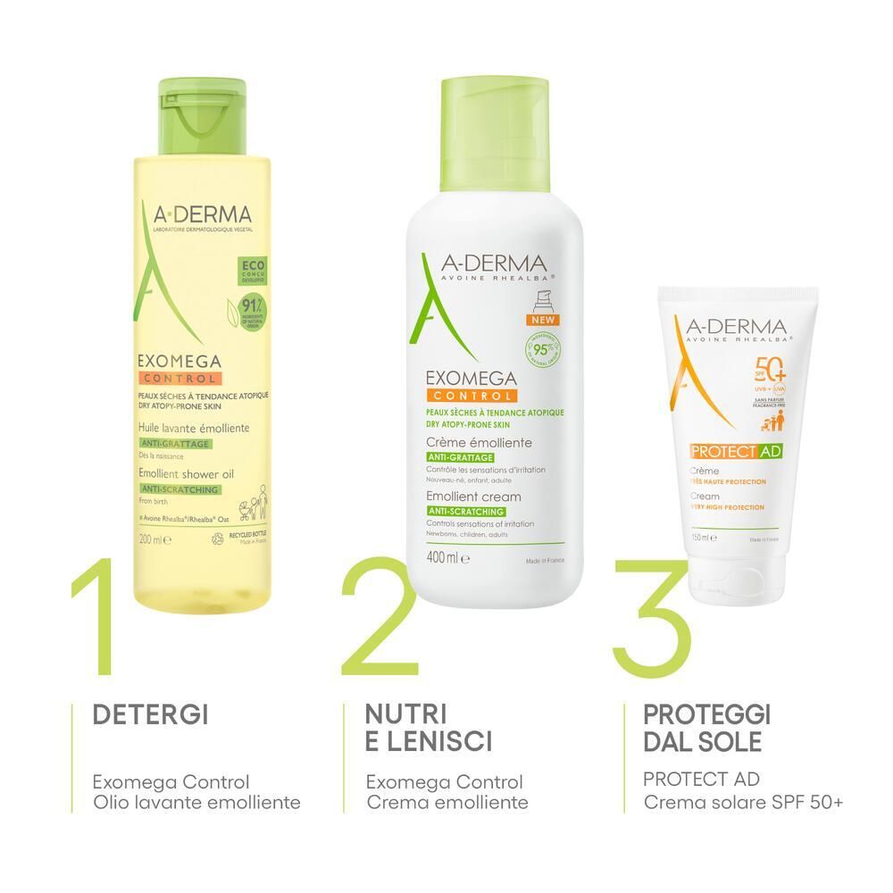 Tre prodotti A-DERMA: Olio doccia Exomega Control, Crema emolliente e PROTECT AD SPF 50+.