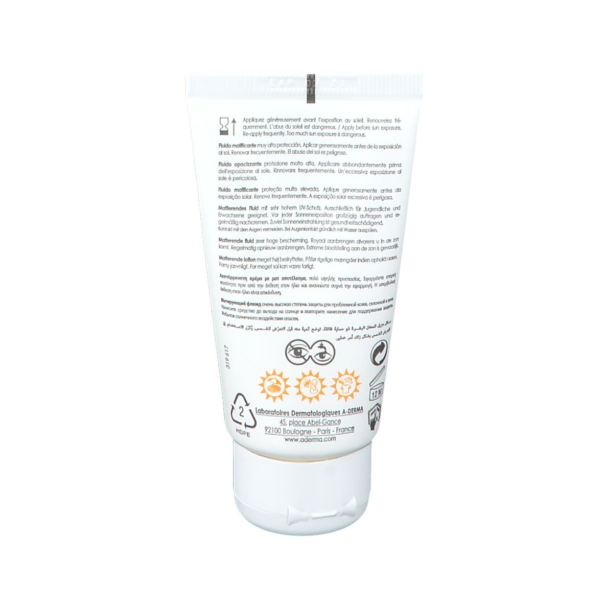 Emballage et tube. Emballage: orange-blanc, texte: A-DERMA, PROTECT AC, SPF 50+. Tube: blanc, texte: PROTECT AC, 40 ml.