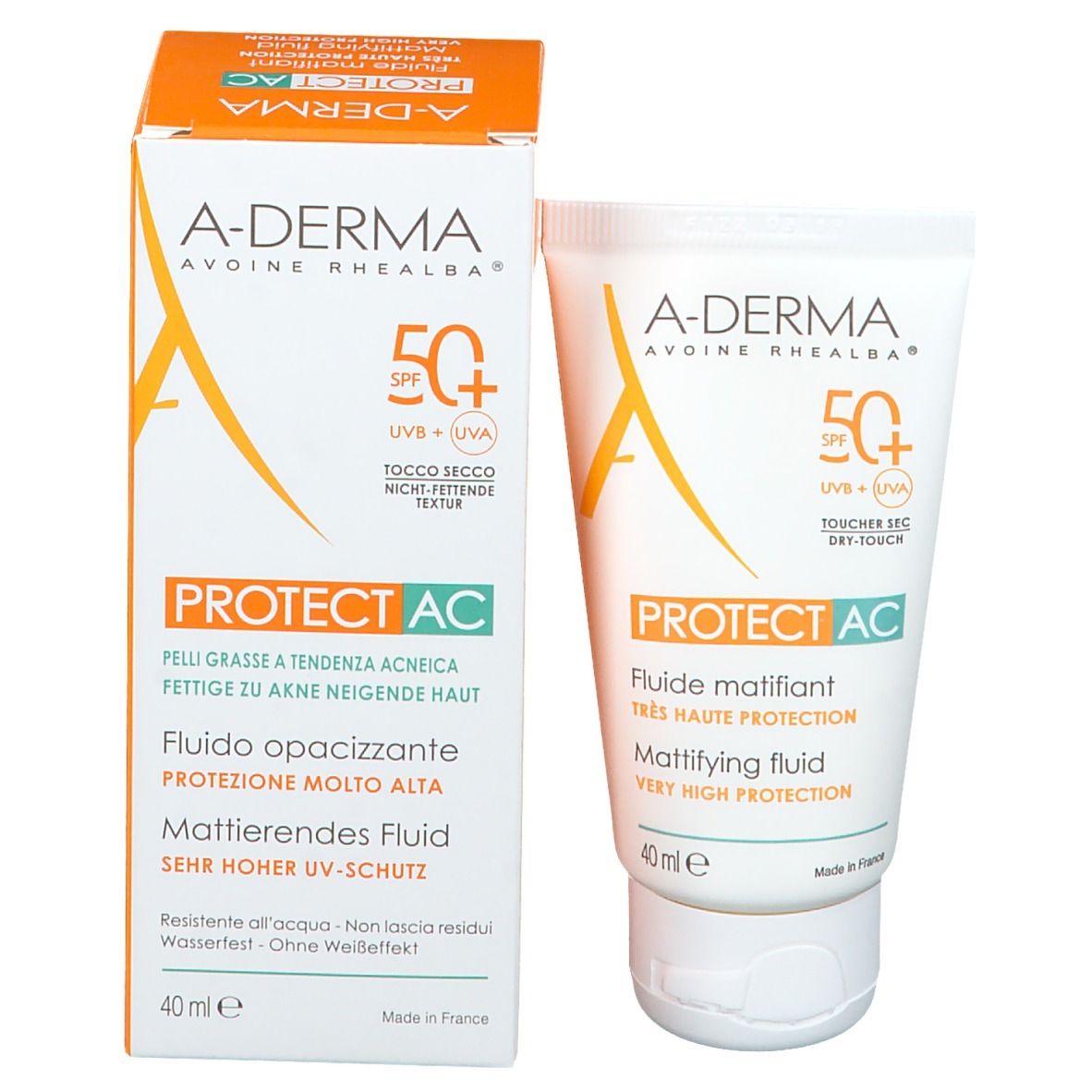 Emballage. Boîte orange-blanc. Texte: A-DERMA, PROTECT AC, SPF 50+. Texte en allemand, italien, français.