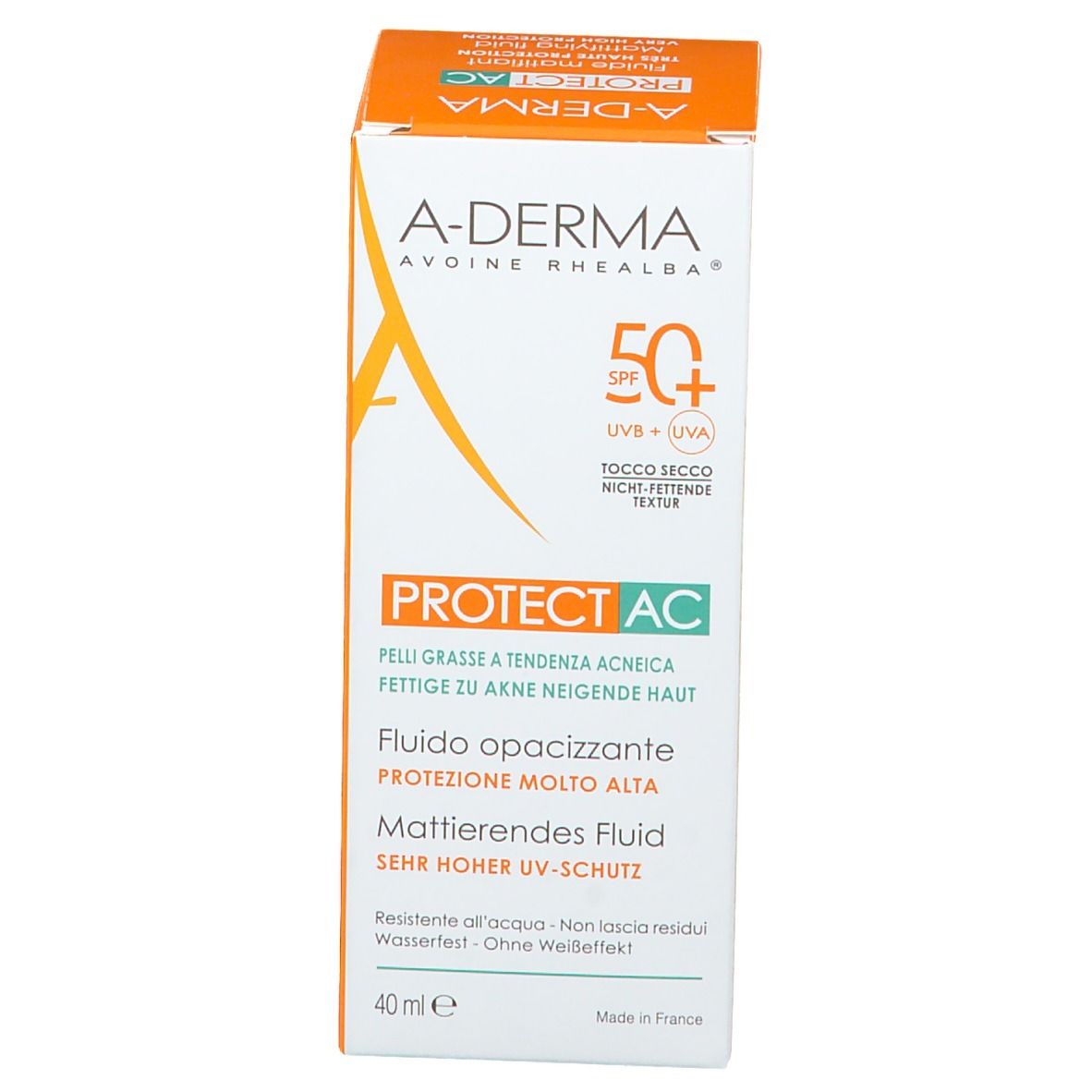 Emballage. Boîte orange-blanc. Texte: A-DERMA, PROTECT AC, SPF 50+. Texte en allemand, italien, français.