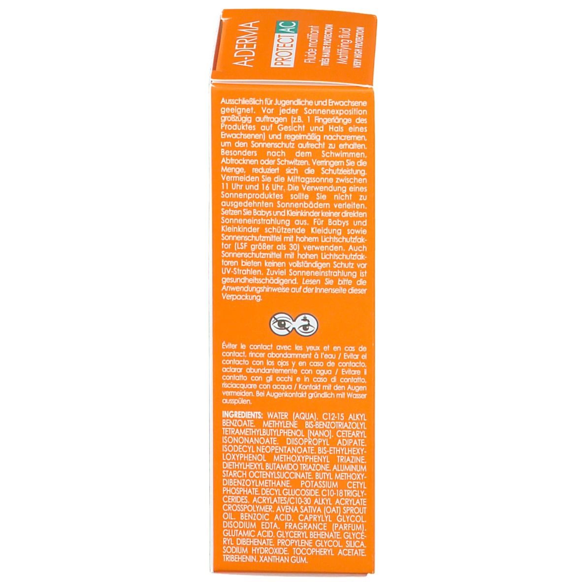 Emballage. Dos. Texte: instructions, ingrédients. Symboles: soleil, yeux, recyclage. Adresse fabricant.