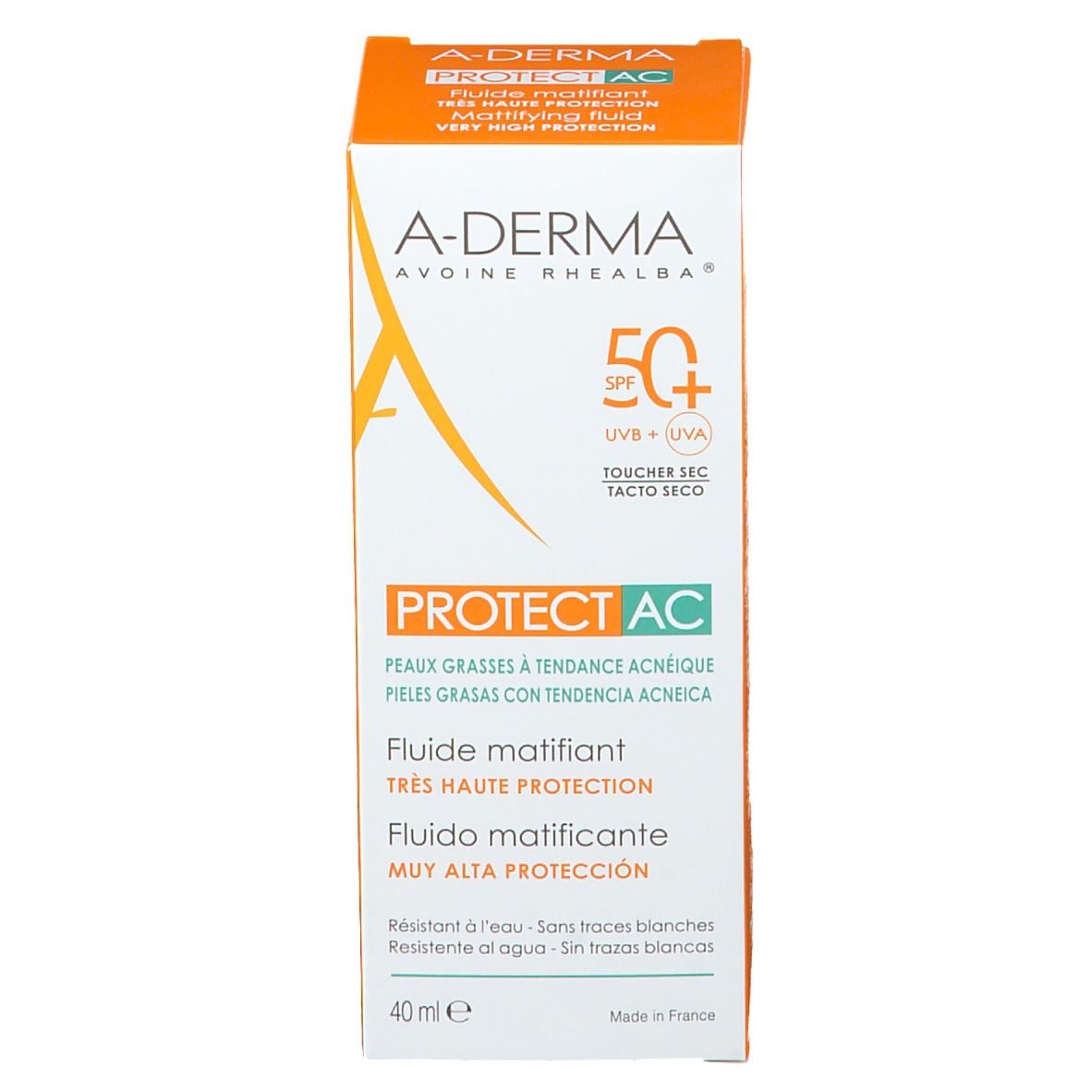 Emballage. Boîte orange-blanc. Texte: A-DERMA, PROTECT AC, SPF 50+. Texte en allemand, italien, français.