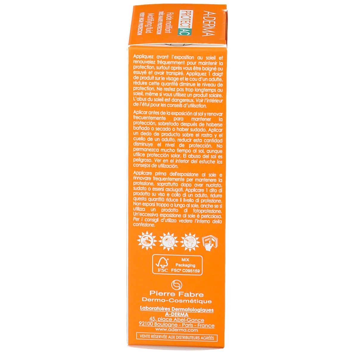 Emballage. Dos. Texte: instructions, adresse fabricant, symbole de recyclage. Certification FSC.