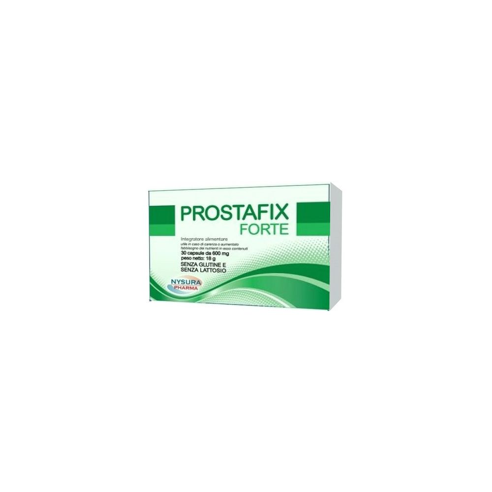 Scatola "PROSTAFix FORTE". Confezione verde e bianca. Contiene 30 capsule. Marchio: Nisura. Testo in italiano.