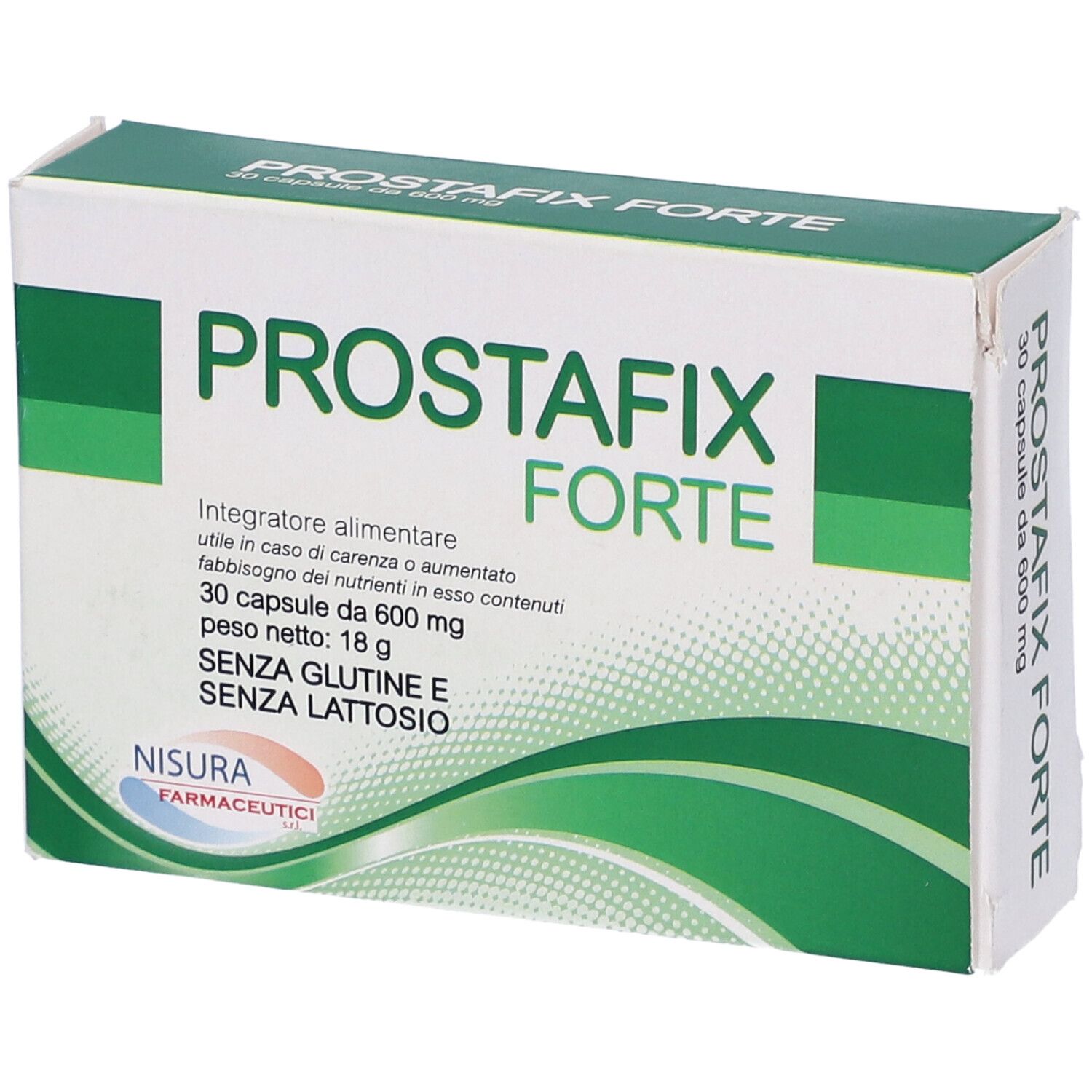 Scatola "PROSTAFix FORTE". Confezione verde e bianca. Contiene 30 capsule. Marchio: Nisura. Testo in italiano.
