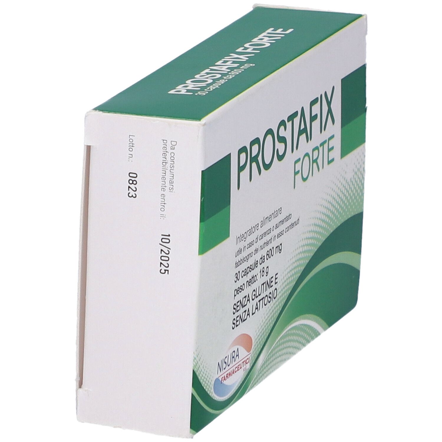 Scatola "PROSTAFix FORTE". Vista laterale. Confezione verde e bianca. Testo in italiano. Scadenza: 10/2025.