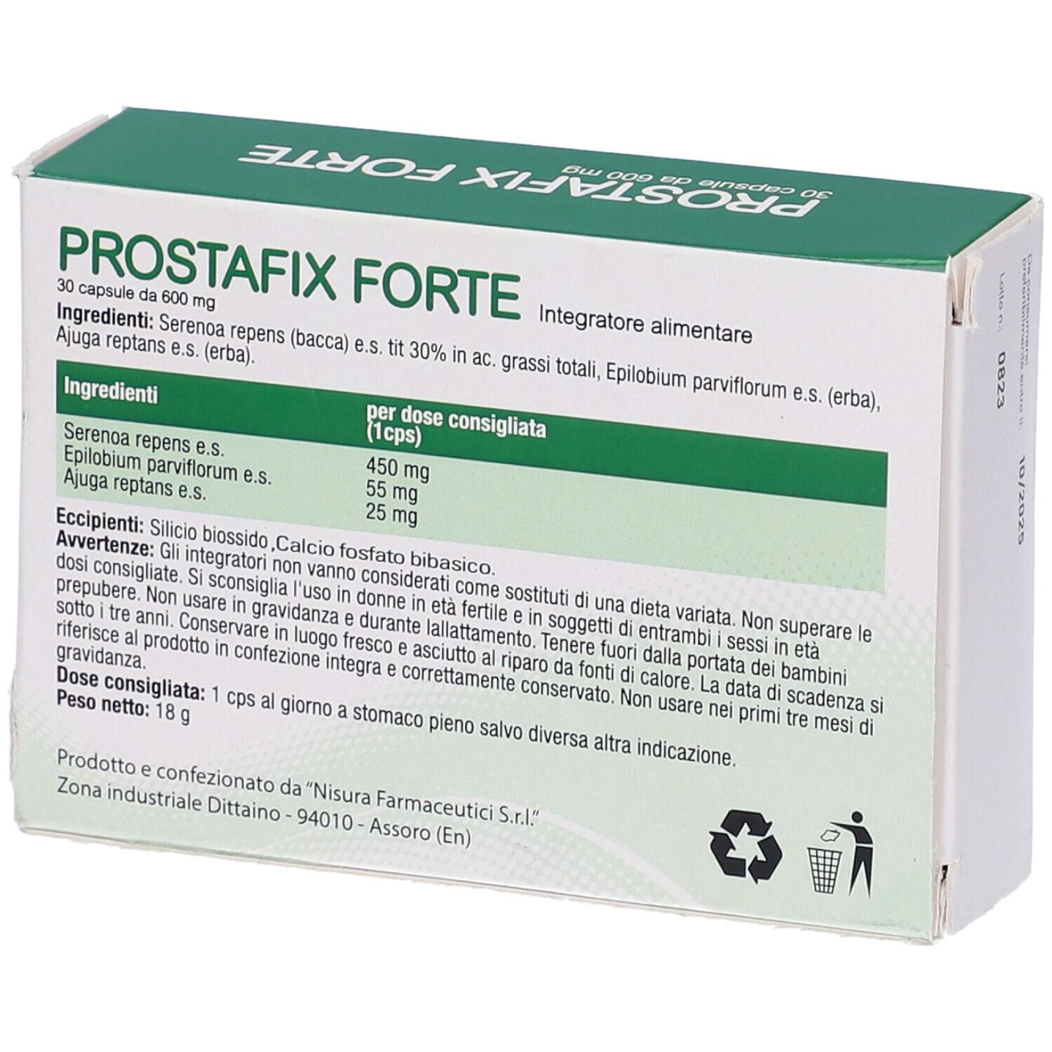 Scatola "PROSTAFix FORTE". Retro. Confezione verde e bianca. Testo in italiano. Ingredienti e dosaggio.