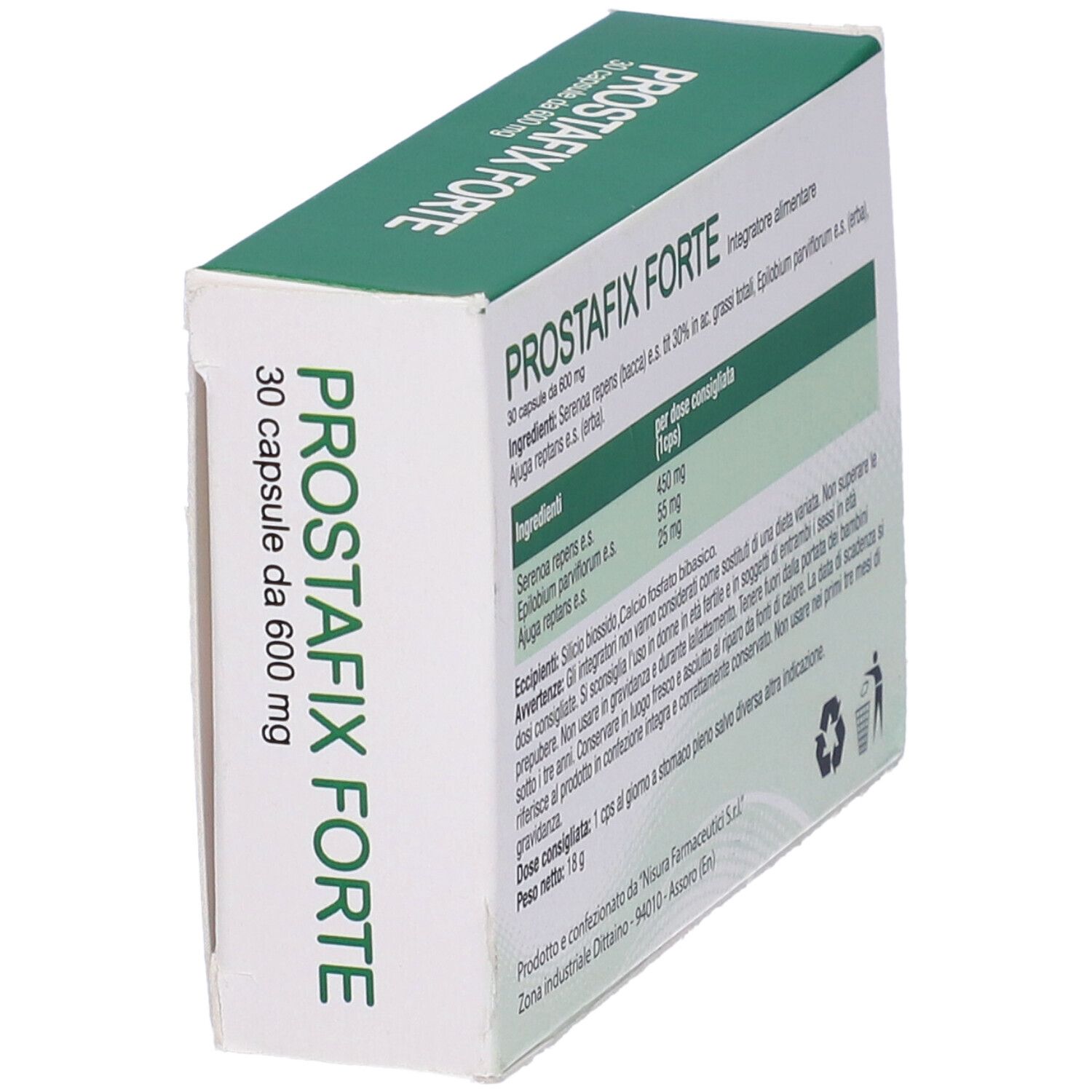 Scatola "PROSTAFix FORTE". Vista laterale. Confezione verde e bianca. Testo in italiano. Ingredienti e dosaggio.