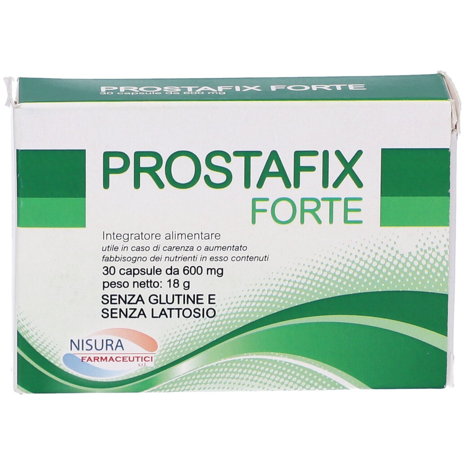 Scatola "PROSTAFix FORTE". Confezione verde e bianca. Contiene 30 capsule. Marchio: Nisura. Testo in italiano.