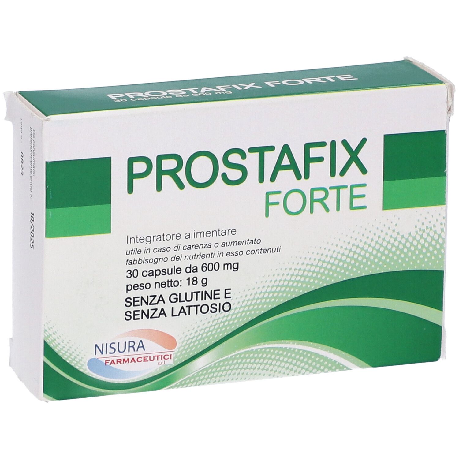 Scatola "PROSTAFix FORTE". Vista laterale. Confezione verde e bianca. Testo in italiano. Scadenza: 10/2025.