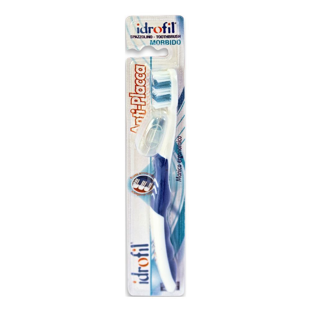 Spazzolino in confezione. Manico bianco e blu, setole blu. Scritte "Anti-Placca" e "idrofil" visibili.
