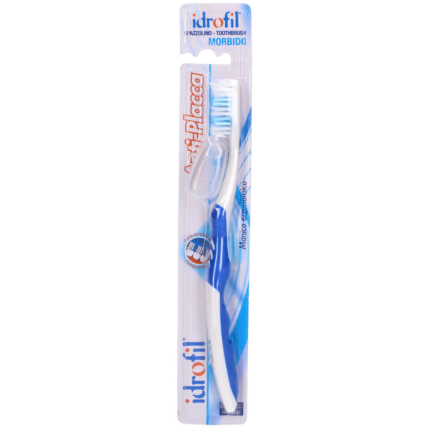 Spazzolino in confezione. Manico bianco e blu, setole blu. Scritte "Anti-Placca" e "idrofil" visibili.