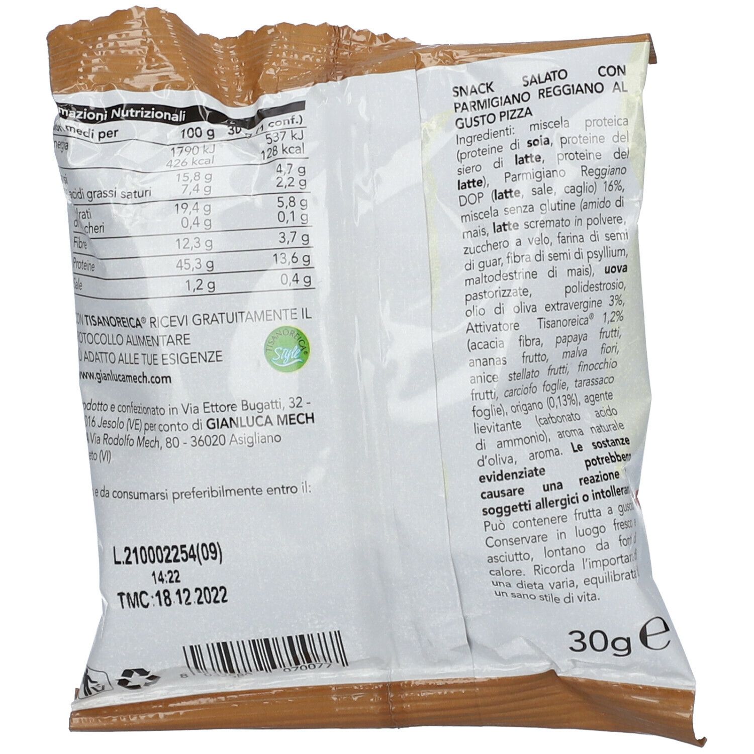 Confezione di Tisanoreica Squisitelli gusto pizza. Retro con informazioni nutrizionali e lista ingredienti.