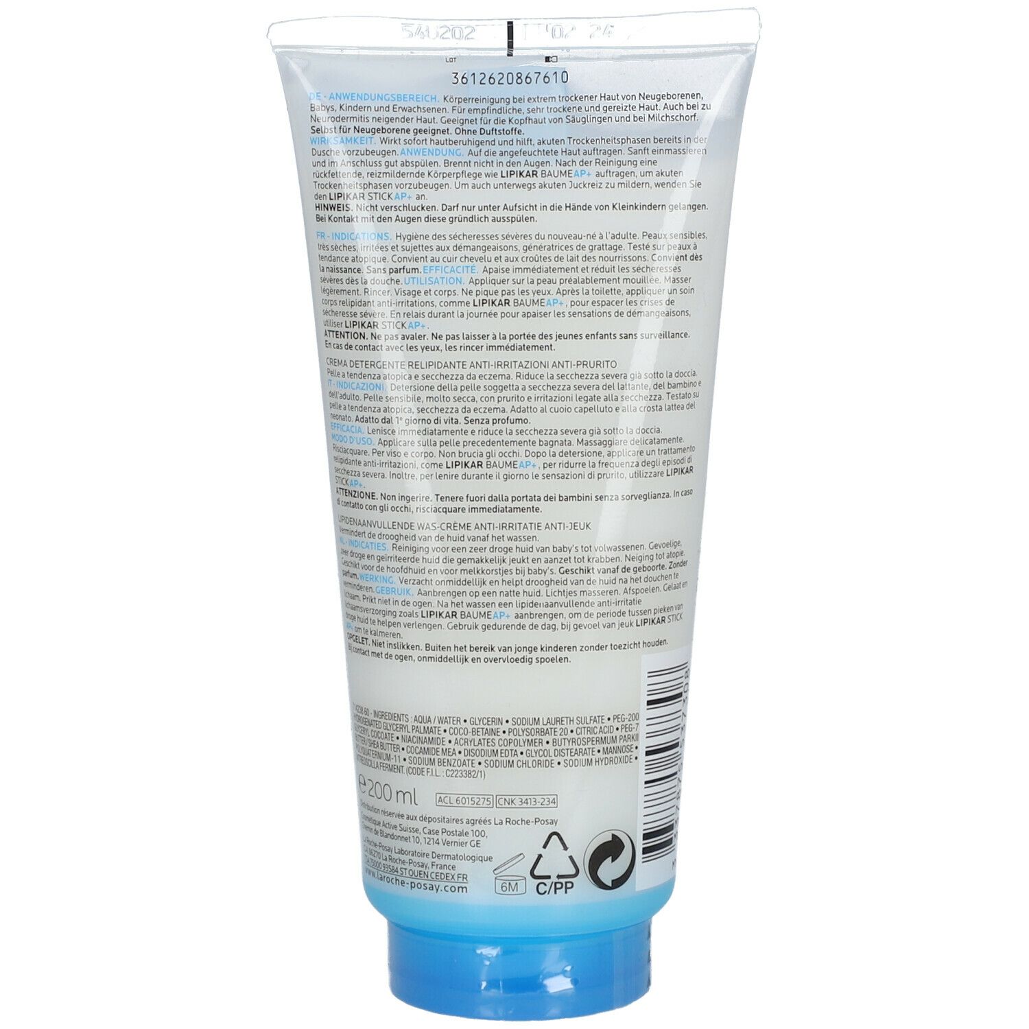 Rückseite einer Tube mit blauem Verschluss. Text in mehreren Sprachen. 200 ml. Recycling-Symbol.