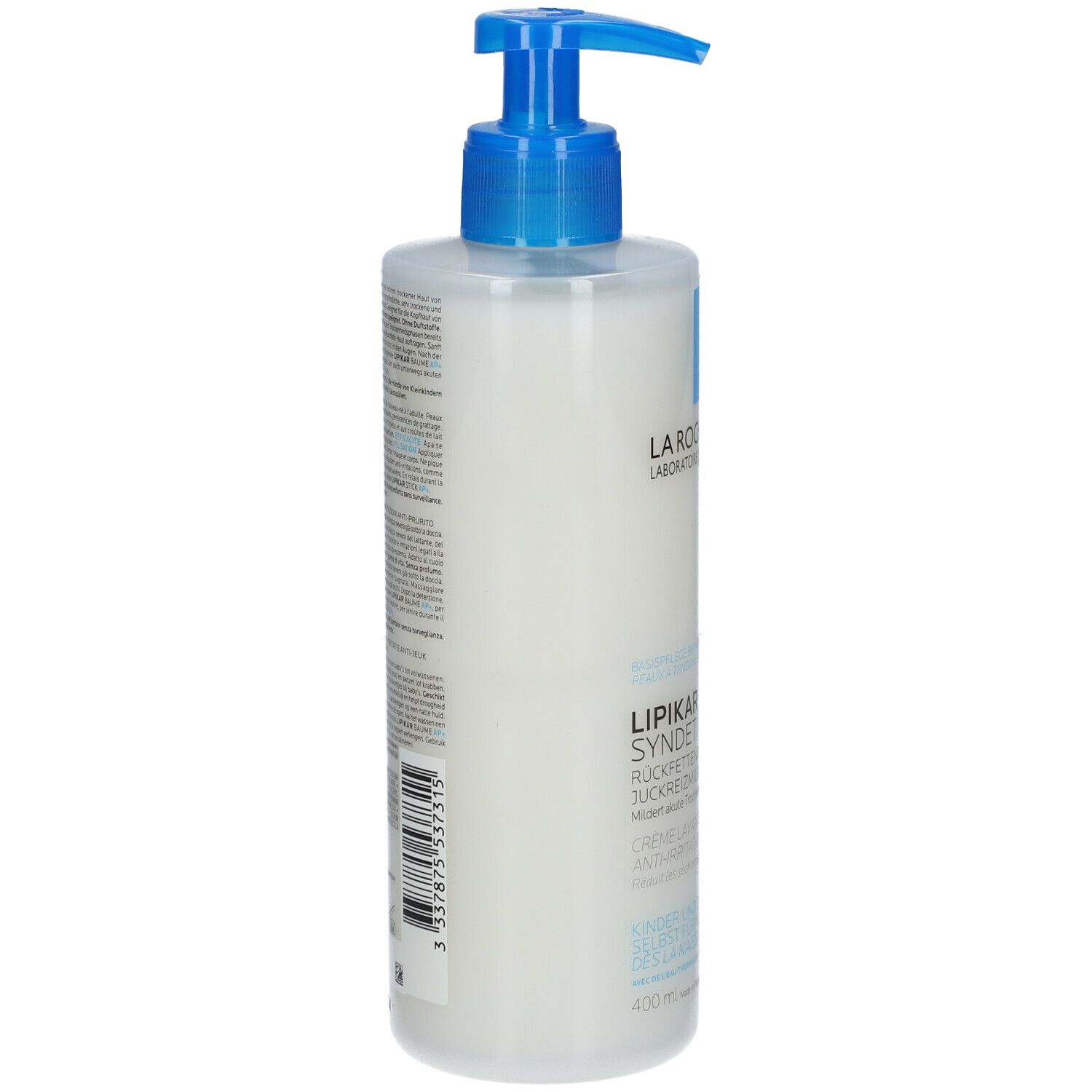 La Roche-Posay LIPIKAR SYNDET AP+. Weißer Spender mit blauem Pumpkopf. Text in deutscher Sprache.