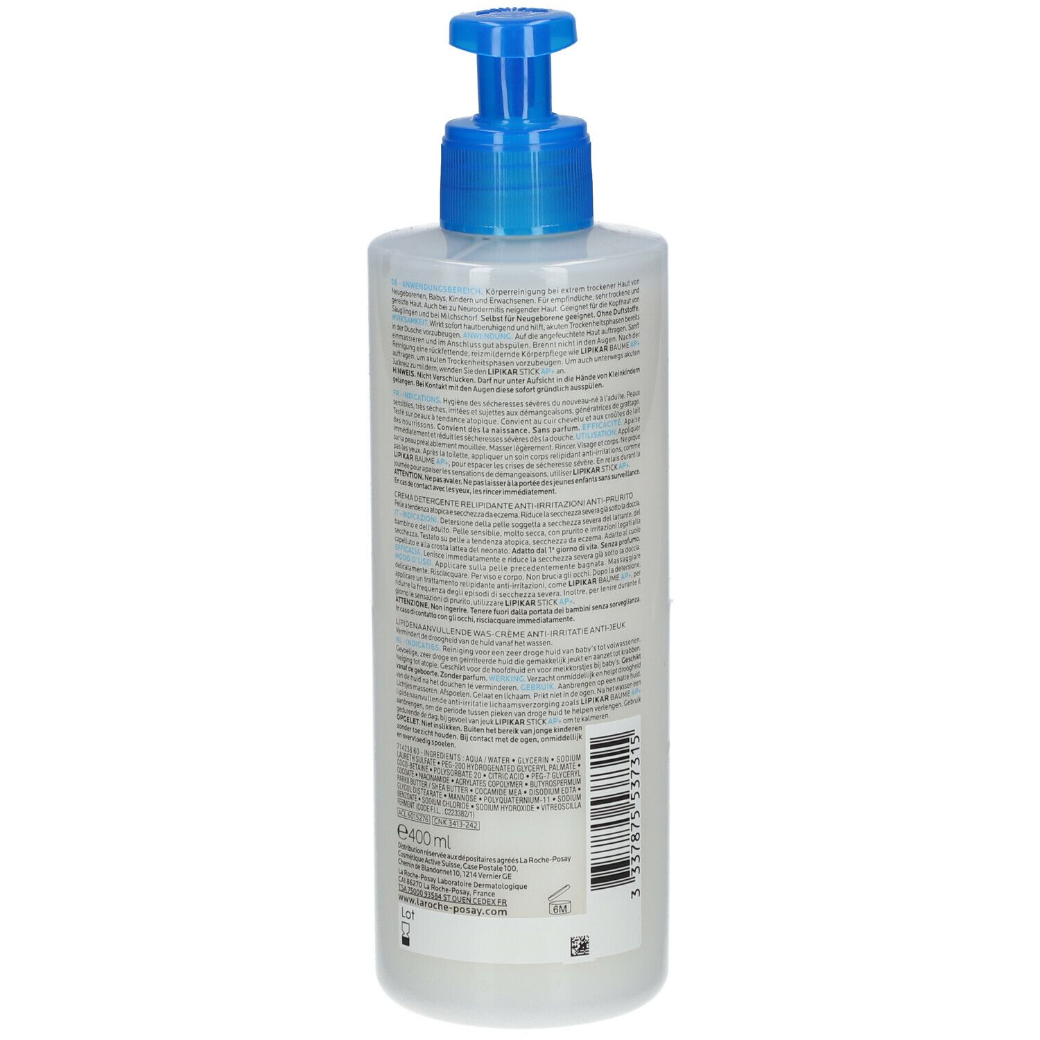 La Roche-Posay LIPIKAR SYNDET AP+. Weißer Spender mit blauem Pumpkopf. Text in deutscher Sprache.