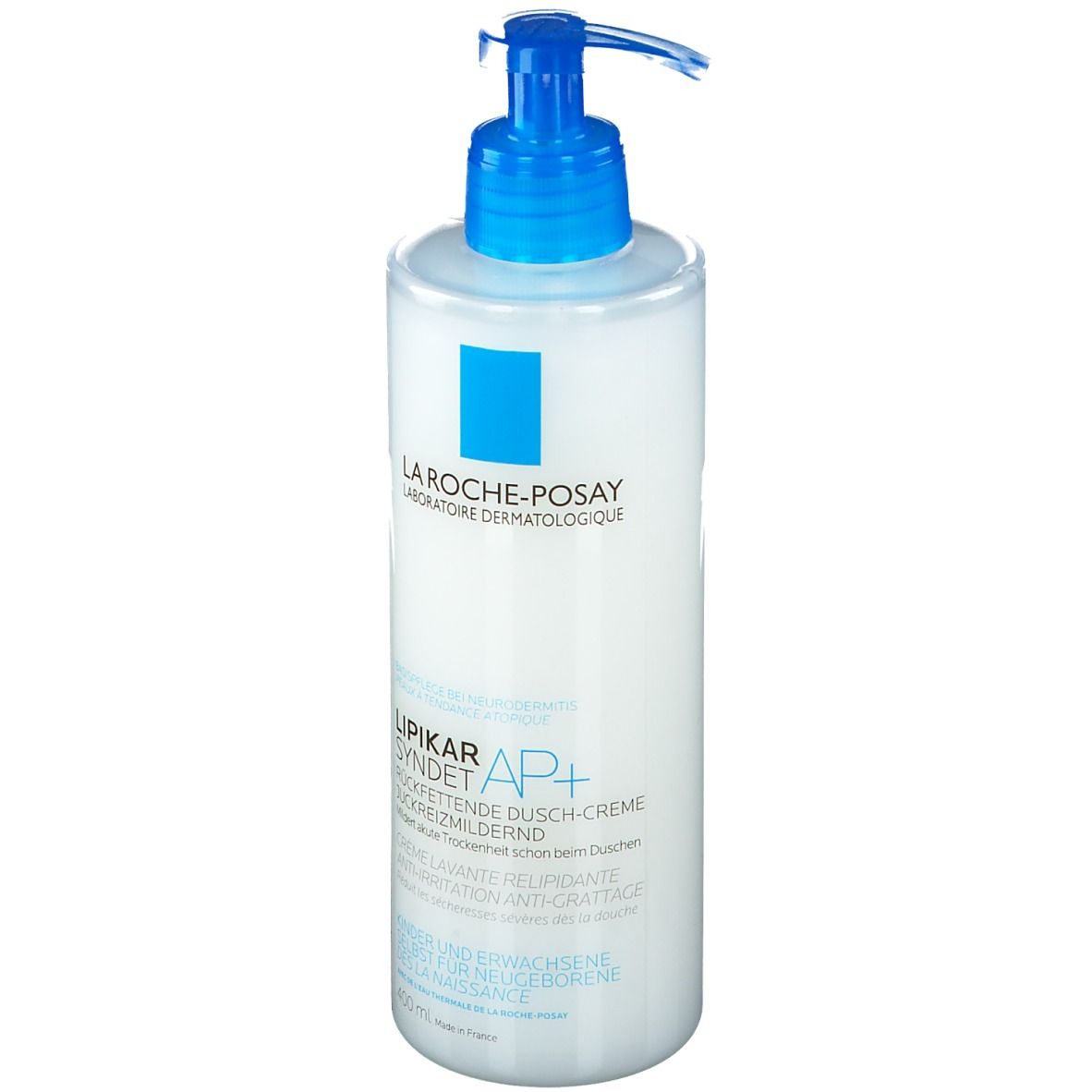 La Roche-Posay LIPIKAR SYNDET AP+. Weißer Spender mit blauem Pumpkopf. Text in deutscher Sprache.