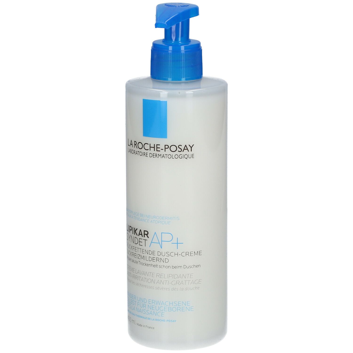 La Roche-Posay LIPIKAR SYNDET AP+. Weißer Spender mit blauem Pumpkopf. Text in deutscher Sprache.