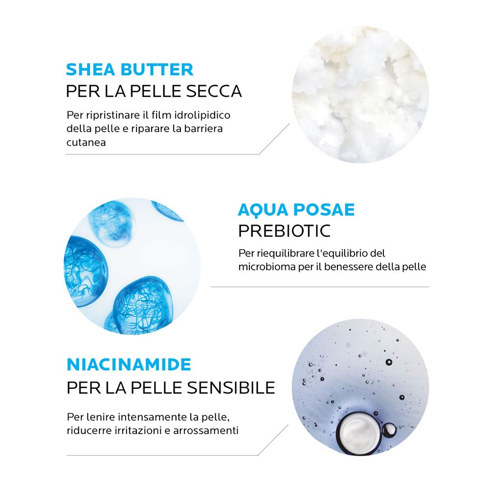 Nahaufnahmen von Inhaltsstoffen. Shea Butter, Aqua Posae Prebiotic, Niacinamid. Text in italienischer Sprache.
