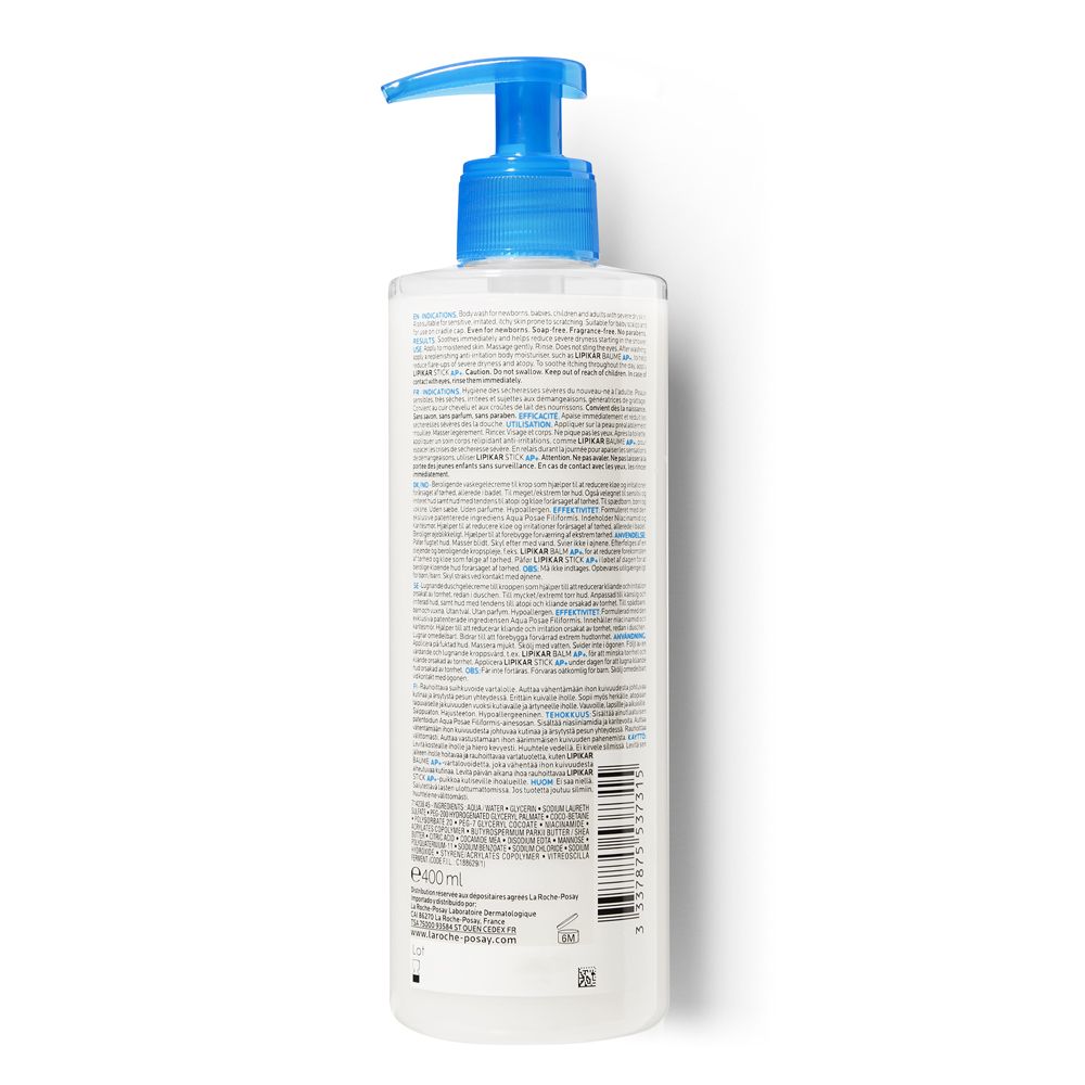 Rückseite des Produkts. Weißer Spender mit blauem Pumpkopf. Text in mehreren Sprachen.
