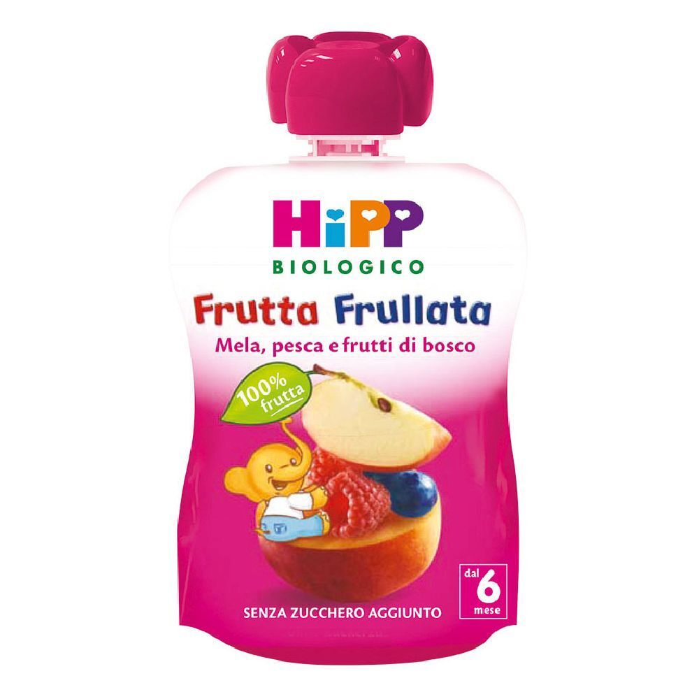 Confezione con tappo rosa. Scritta: HIPP Biologico Frutta Frullata Mela, pesca e frutti di bosco. Illustrazione di frutta.