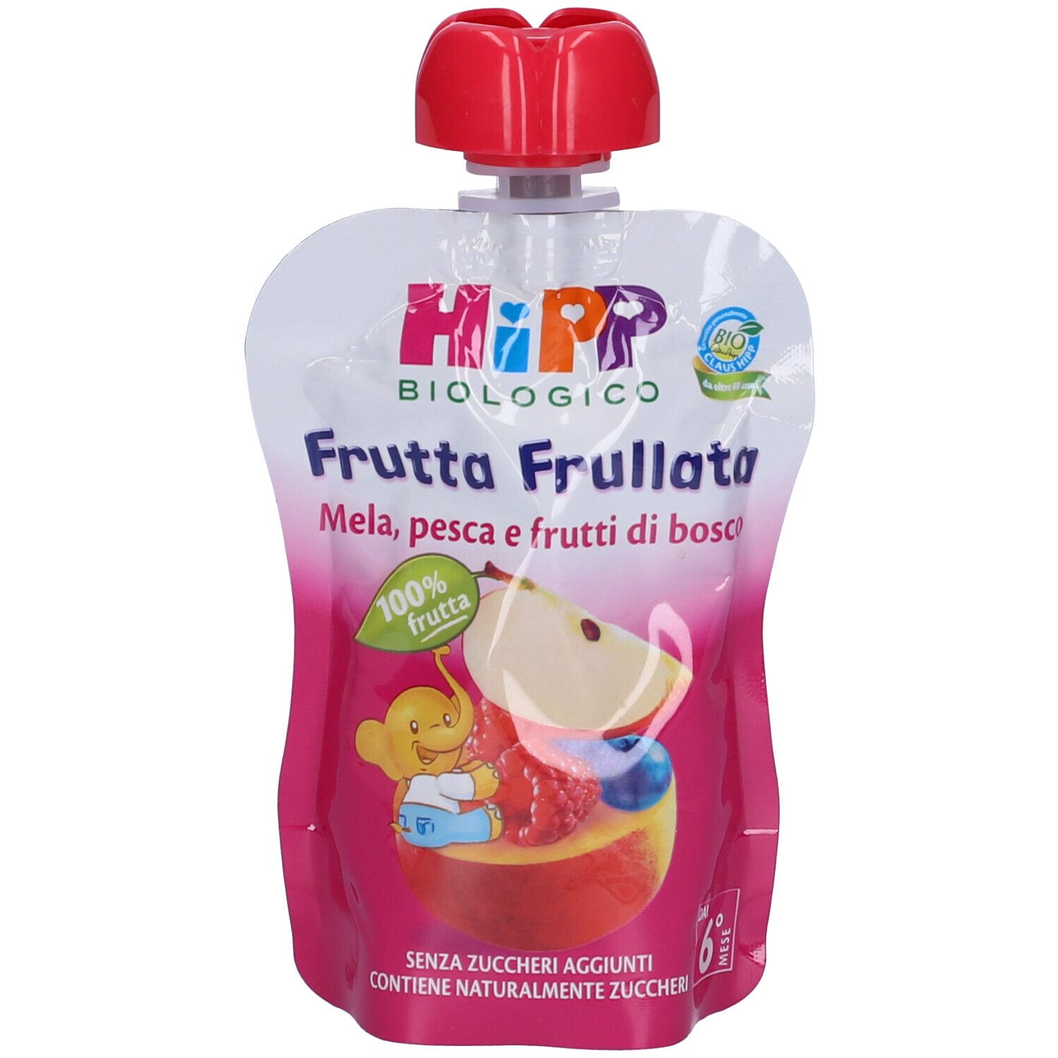 Confezione con tappo rosa. Scritta: HIPP Biologico Frutta Frullata Mela, pesca e frutti di bosco. Illustrazione di frutta.