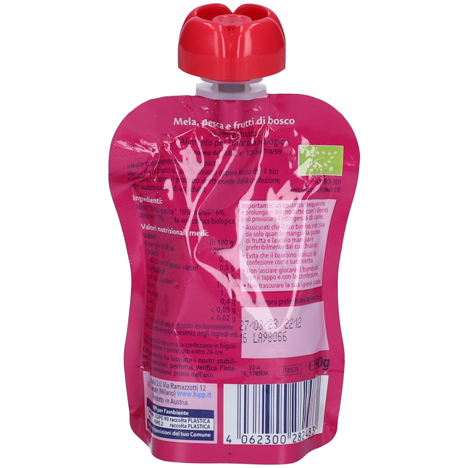 Retro di una confezione con tappo rosa. Testo e informazioni nutrizionali. Scritta: HIPP Biologico Frutta Frullata Mela, pesca e frutti di bosco.