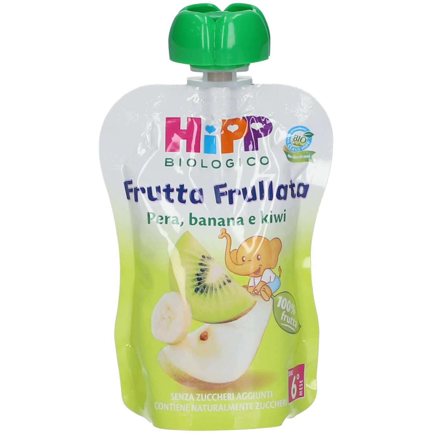 Confezione di purea di frutta. Scritta: HiPP, biologico, Frutta Frullata, Pera, banana e kiwi. Illustrazione di kiwi, banana e pera.