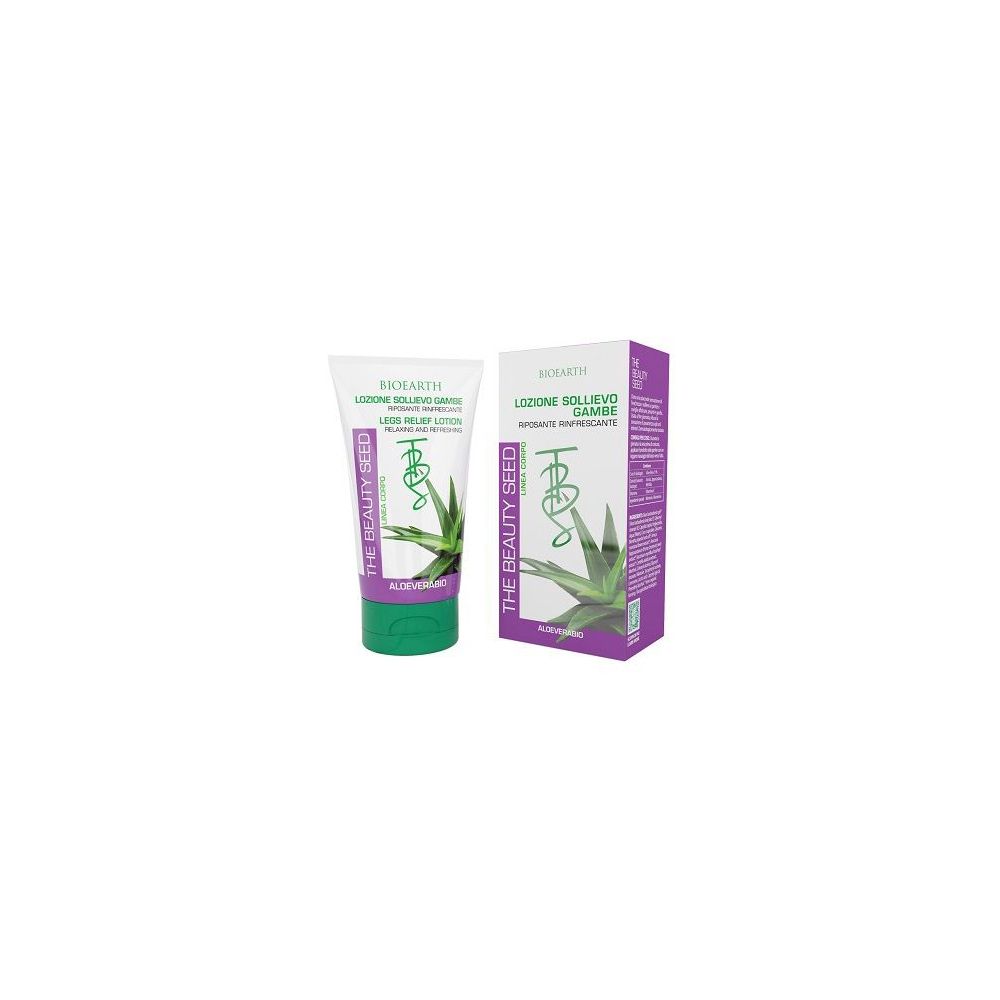 Tubo di crema e scatola. Scritta: Bioearth, The Beauty Seed, Lozione Sollievo Gambe. Aloe Vera.