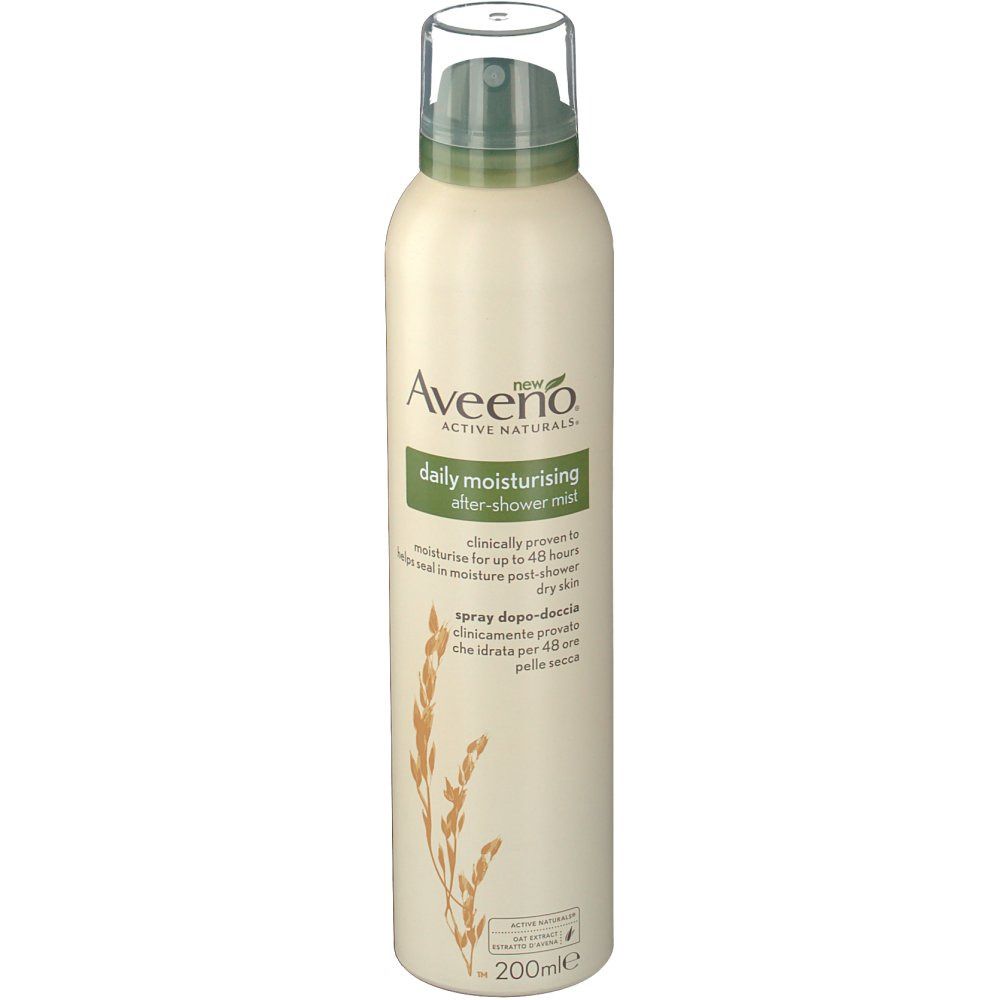 Flacone con erogatore spray. Scritta: Aveeno, daily moisturising after-shower mist. Illustrazione vegetale e testo multilingue.
