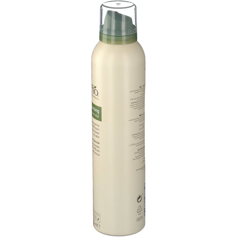 Flacone con erogatore spray. Scritta: Aveeno. Testo e illustrazioni sul lato. Tappo trasparente.
