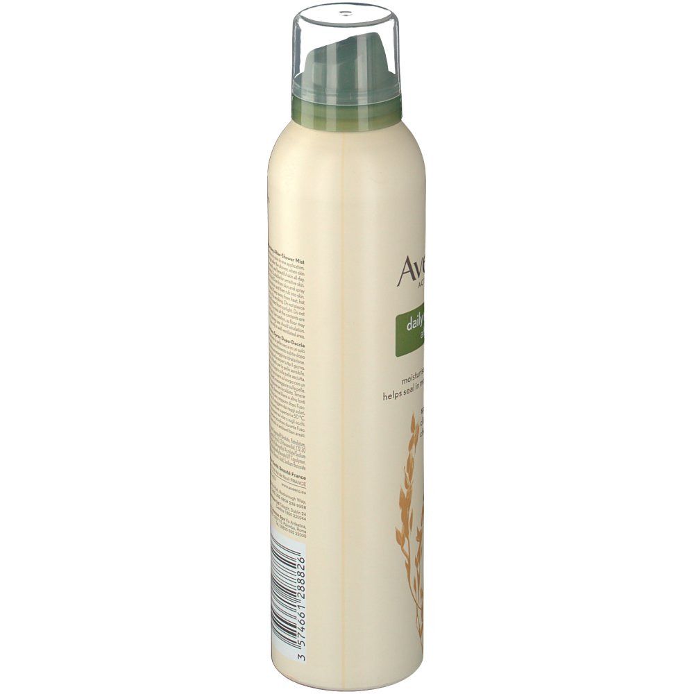 Flacone con erogatore spray. Scritta: Aveeno. Testo e illustrazioni sul lato. Tappo trasparente.