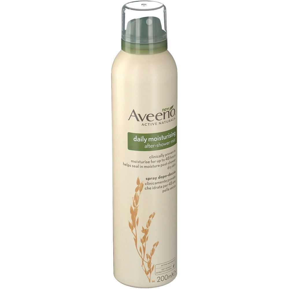 Flacone con erogatore spray. Scritta: Aveeno, daily moisturising after-shower mist. Illustrazione vegetale e testo multilingue.