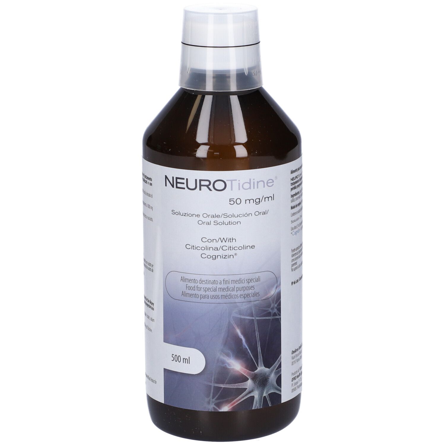 Bottiglia marrone con tappo bianco. Scritta: NeuroTidine 50 mg/ml. Soluzione orale. Contiene Citicolina/Citicolina/Cognizin.