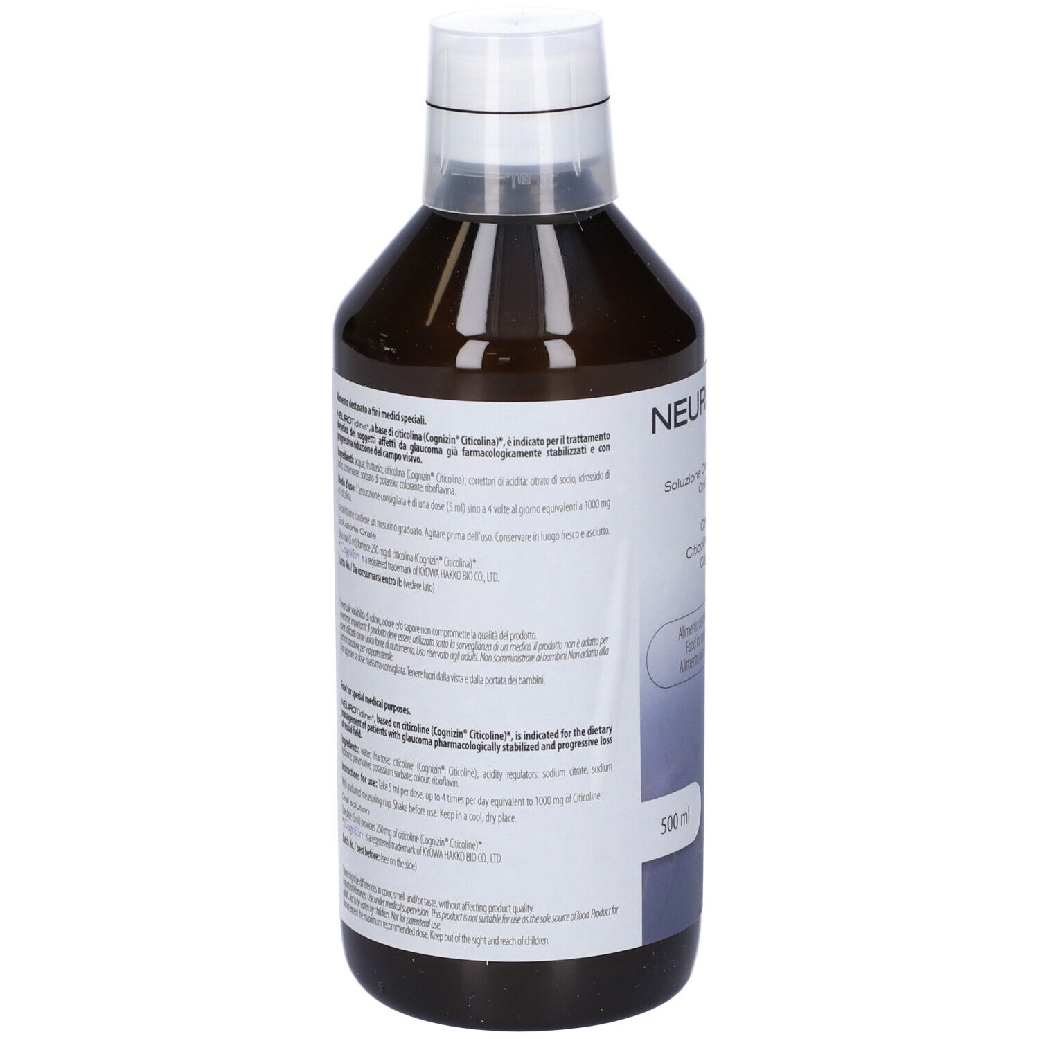 Vista posteriore di una bottiglia marrone con tappo bianco. Scritta: NeuroTidine. Testo multilingue. 500 ml.