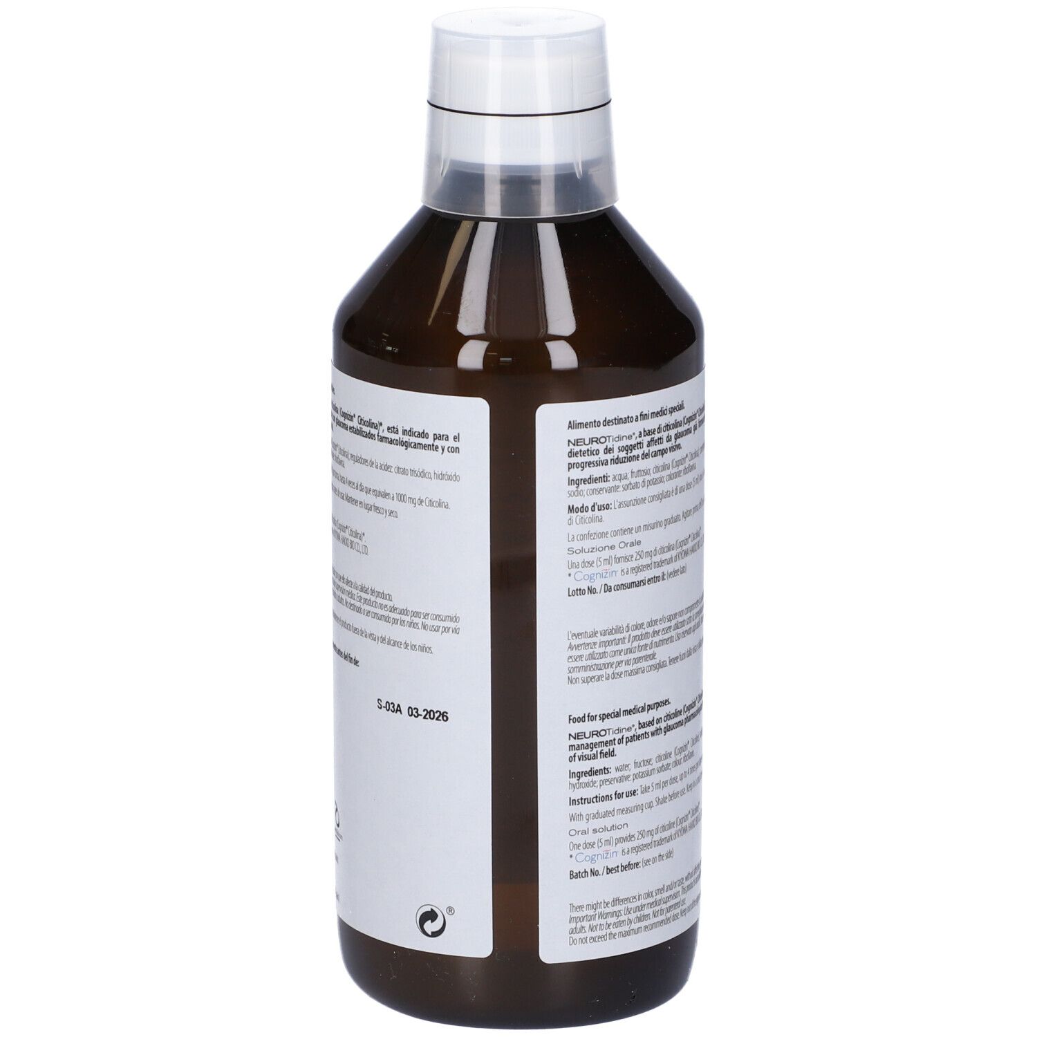 Vista posteriore di una bottiglia marrone con tappo bianco. Testo multilingue. 500 ml.