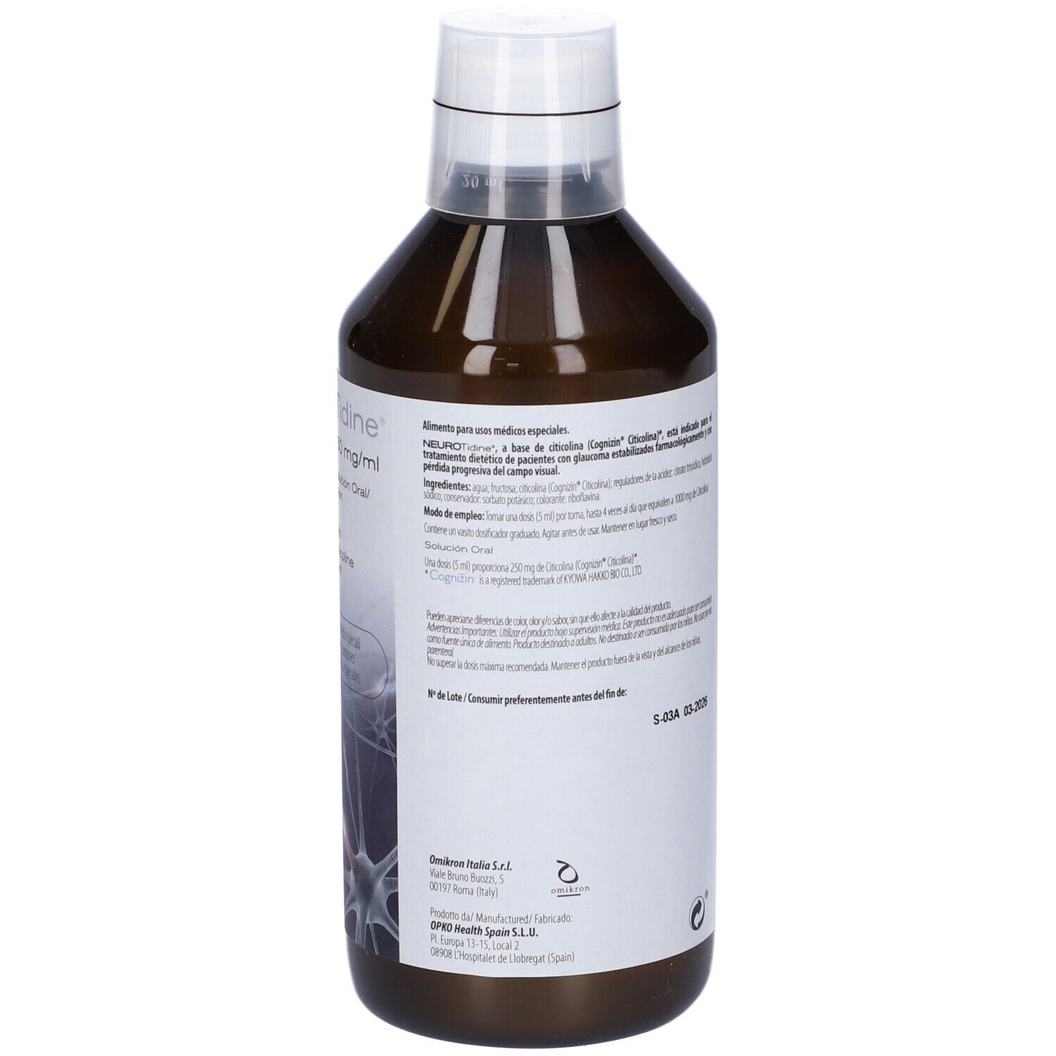 Vista posteriore di una bottiglia marrone con tappo bianco. Testo multilingue. 500 ml.