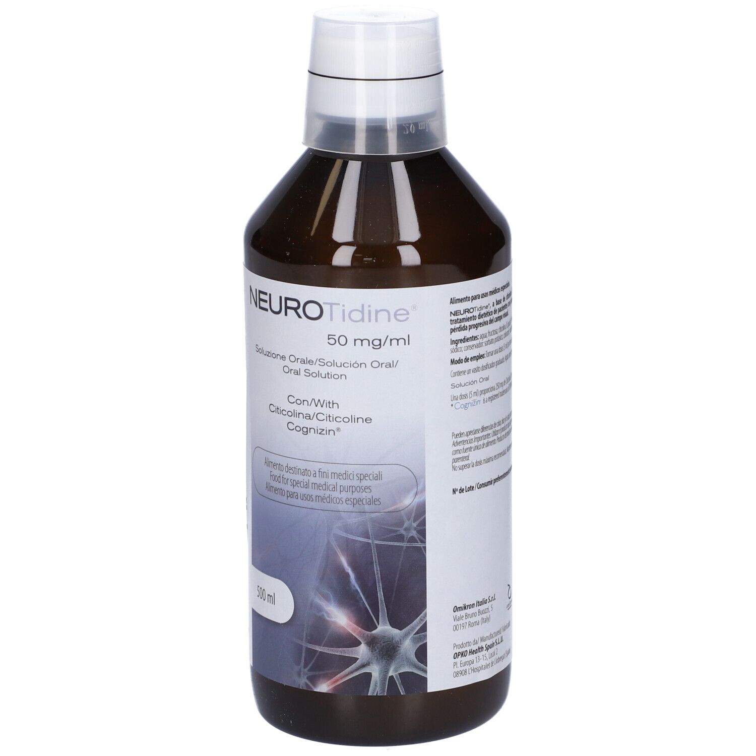 Bottiglia marrone con tappo bianco. Scritta: NeuroTidine 50 mg/ml. Soluzione orale. Contiene Citicolina/Citicolina/Cognizin. 500 ml.
