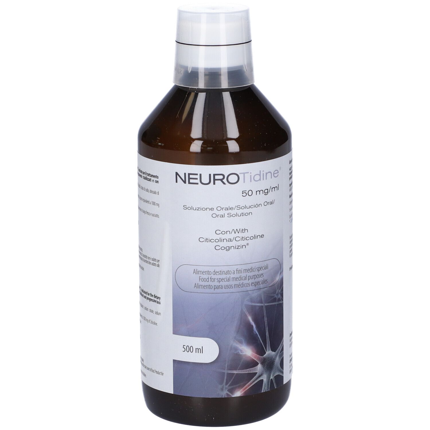 Bottiglia marrone con tappo bianco. Scritta: NeuroTidine 50 mg/ml. Soluzione orale. Contiene Citicolina/Citicolina/Cognizin. 500 ml.