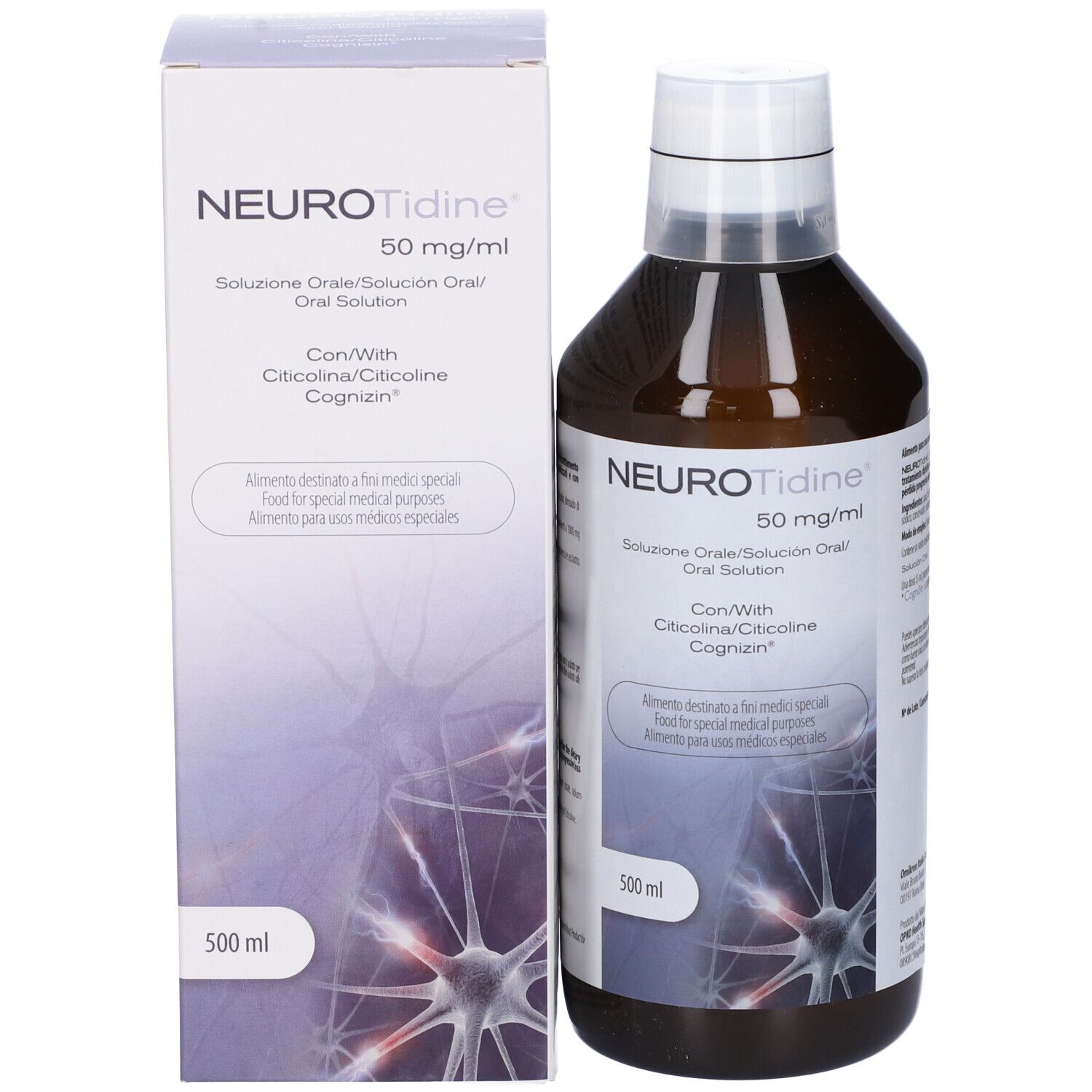 Confezione del prodotto con bottiglia. Scritta: NeuroTidine 50 mg/ml. Soluzione orale. Contiene Citicolina/Citicolina/Cognizin. 500 ml.
