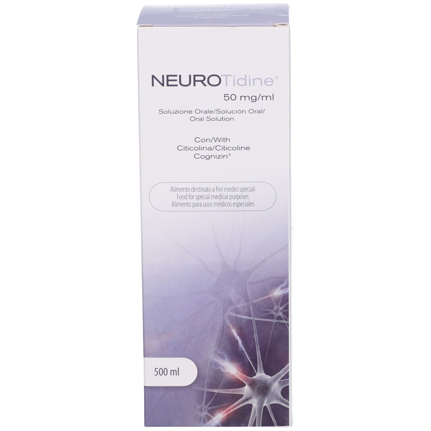 Confezione del prodotto. Scritta: NeuroTidine 50 mg/ml. Soluzione orale. Contiene Citicolina/Citicolina/Cognizin. 500 ml.