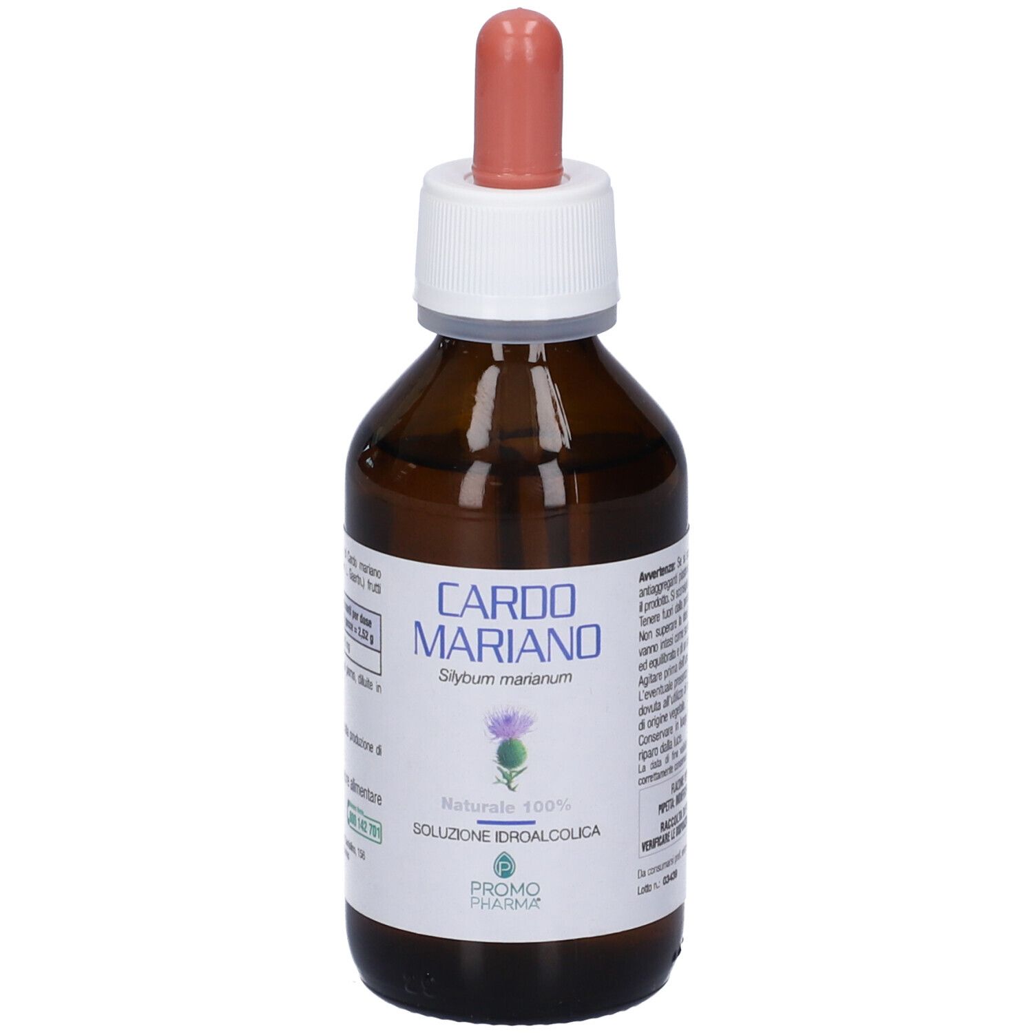 Flacone di vetro marrone con contagocce. Scritta: Cardo Mariano, Soluzione Idroalcolica. Logo PromoPharma.