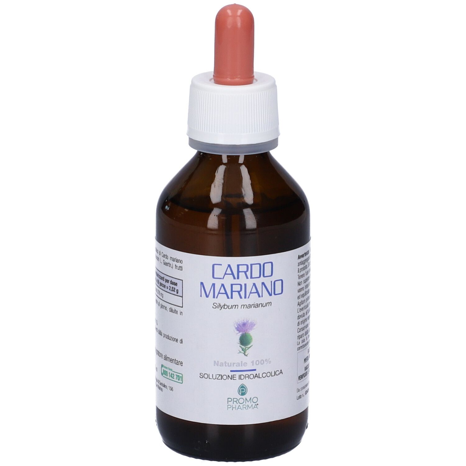 Flacone di vetro marrone con contagocce. Scritta: Cardo Mariano, Soluzione Idroalcolica. Logo PromoPharma.