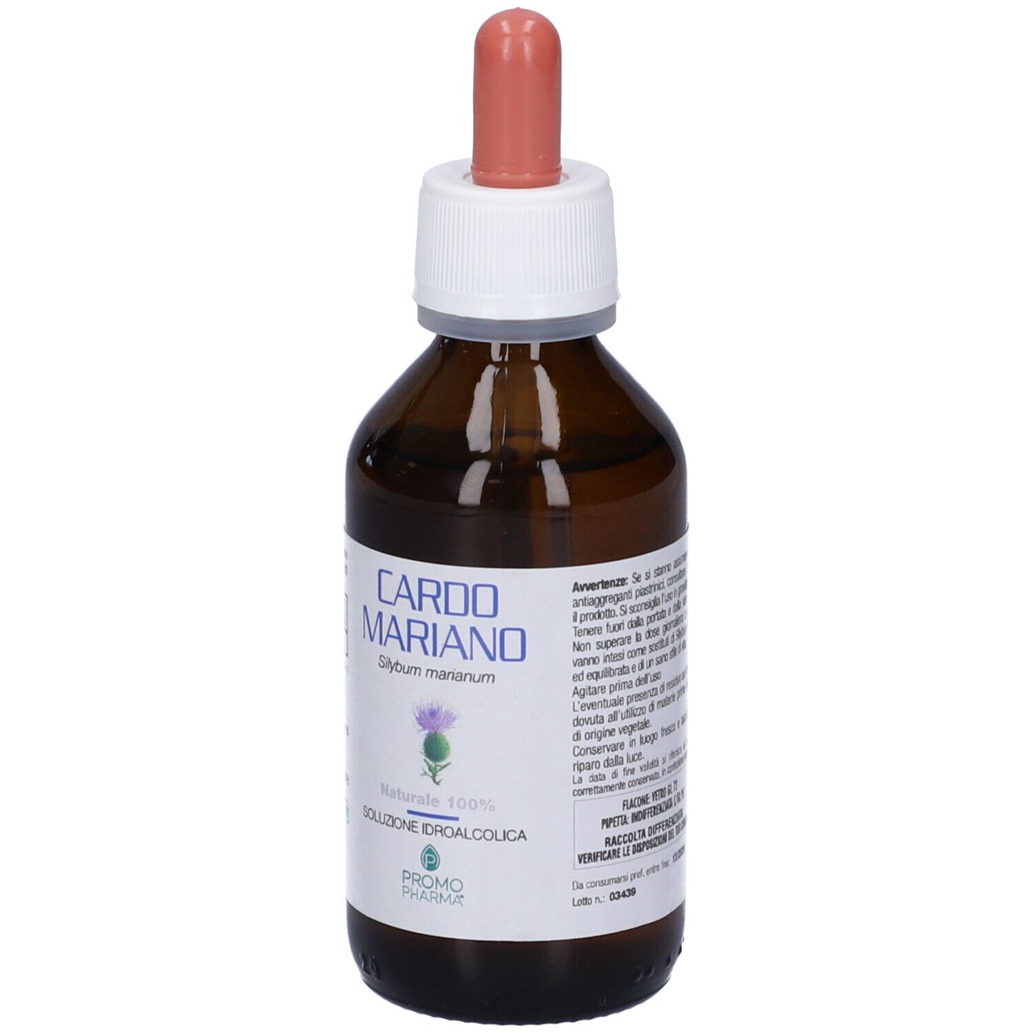 Flacone di vetro marrone con contagocce. Scritta: Cardo Mariano, Soluzione Idroalcolica. Logo PromoPharma.