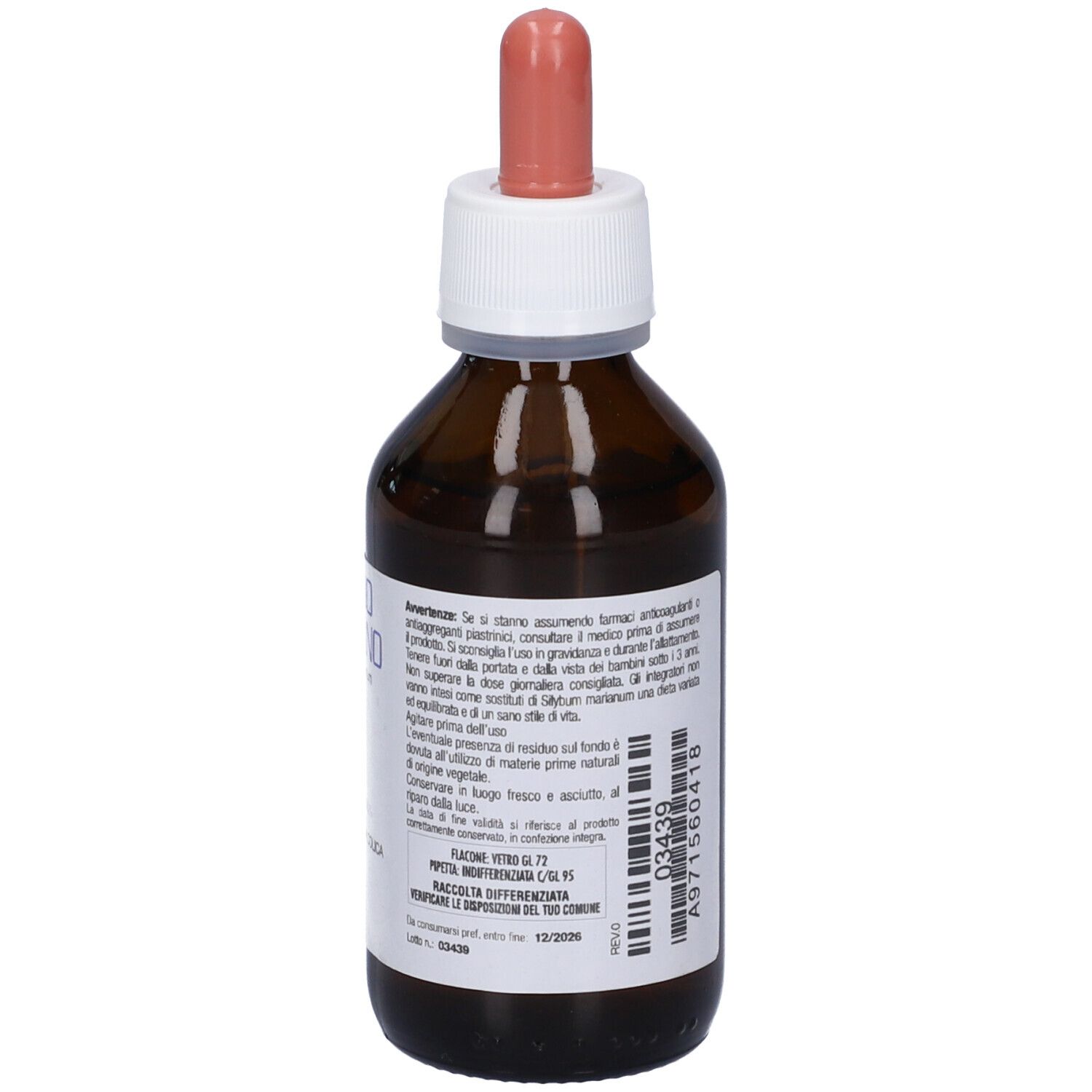 Retro del flacone di vetro marrone con etichetta. Contiene informazioni sugli ingredienti e il dosaggio. 100 ml.