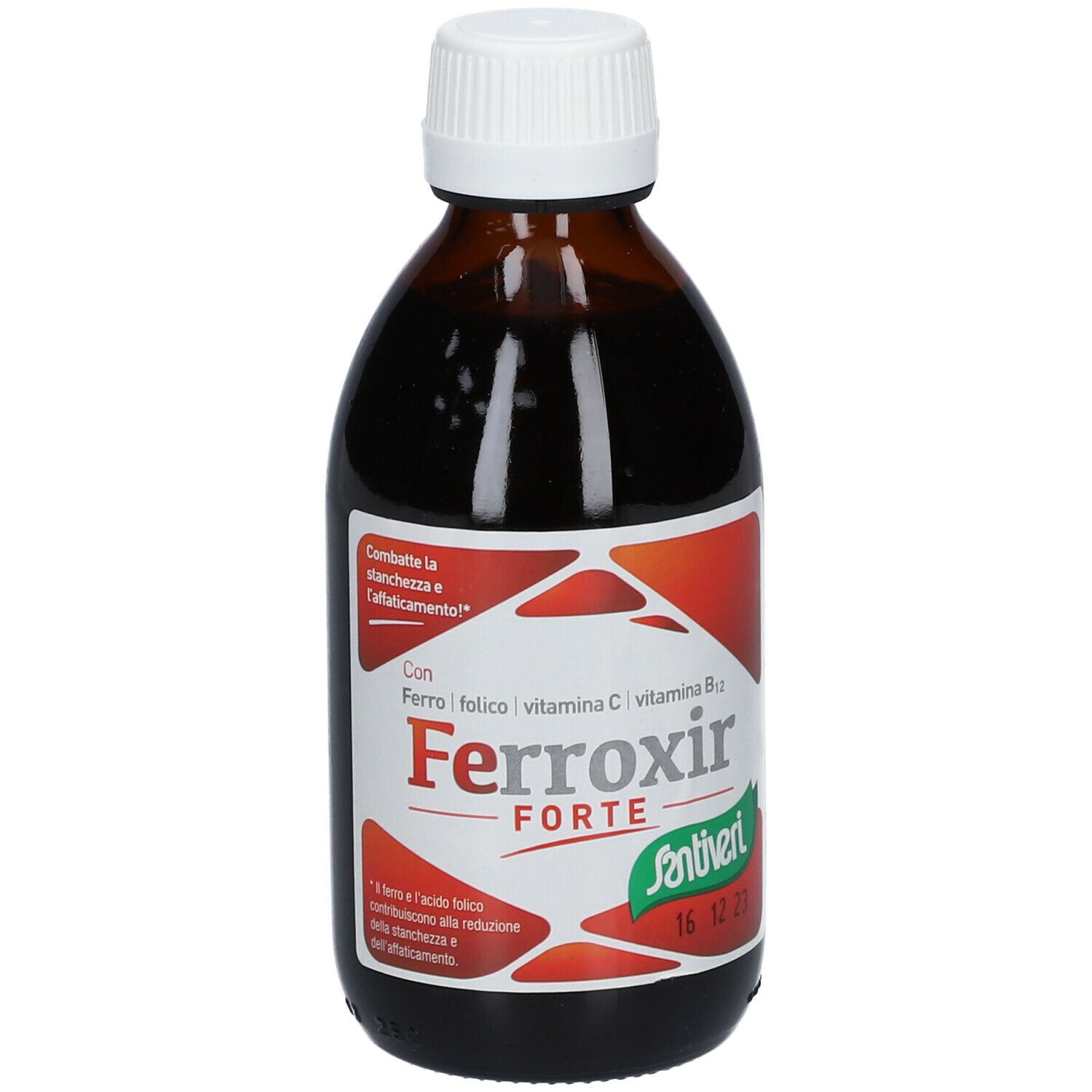 Bottiglia di vetro marrone con tappo bianco. Etichetta con nome prodotto Ferroxir Forte e logo Santiveri.