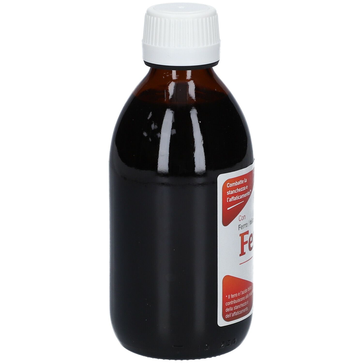 Bottiglia di vetro marrone con tappo bianco. Etichetta parzialmente visibile. Liquido marrone scuro.