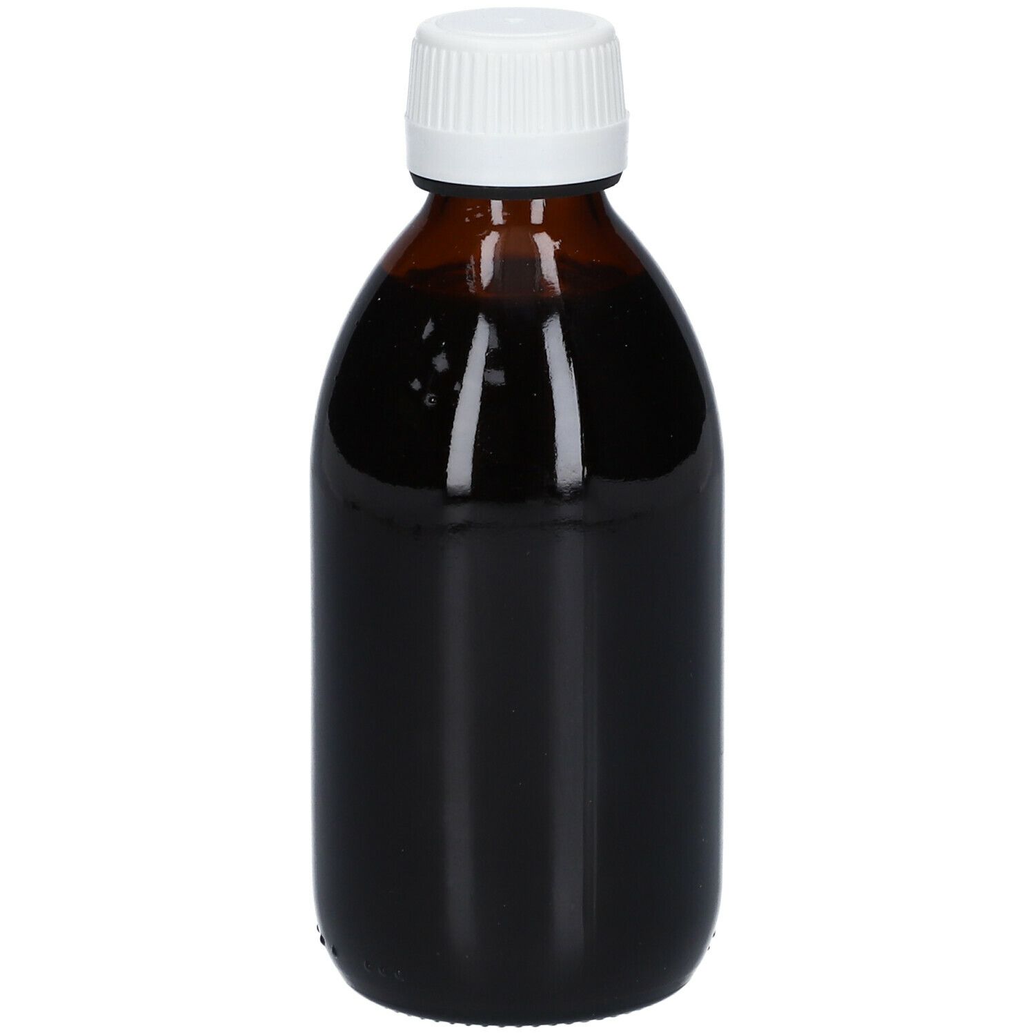 Bottiglia di vetro marrone con tappo bianco. Liquido marrone scuro. Nessuna etichetta visibile.