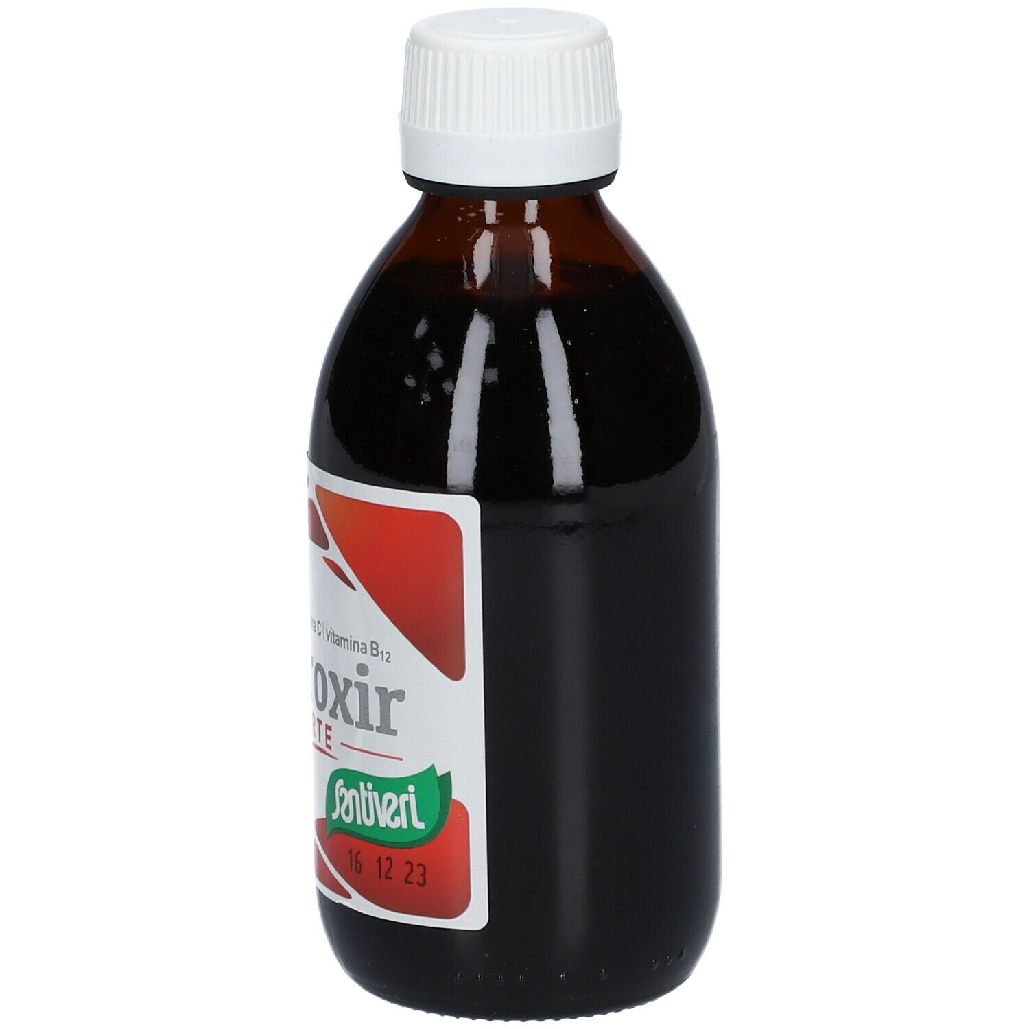 Bottiglia di vetro marrone con tappo bianco. Etichetta con nome prodotto Ferroxir Forte e logo Santiveri.
