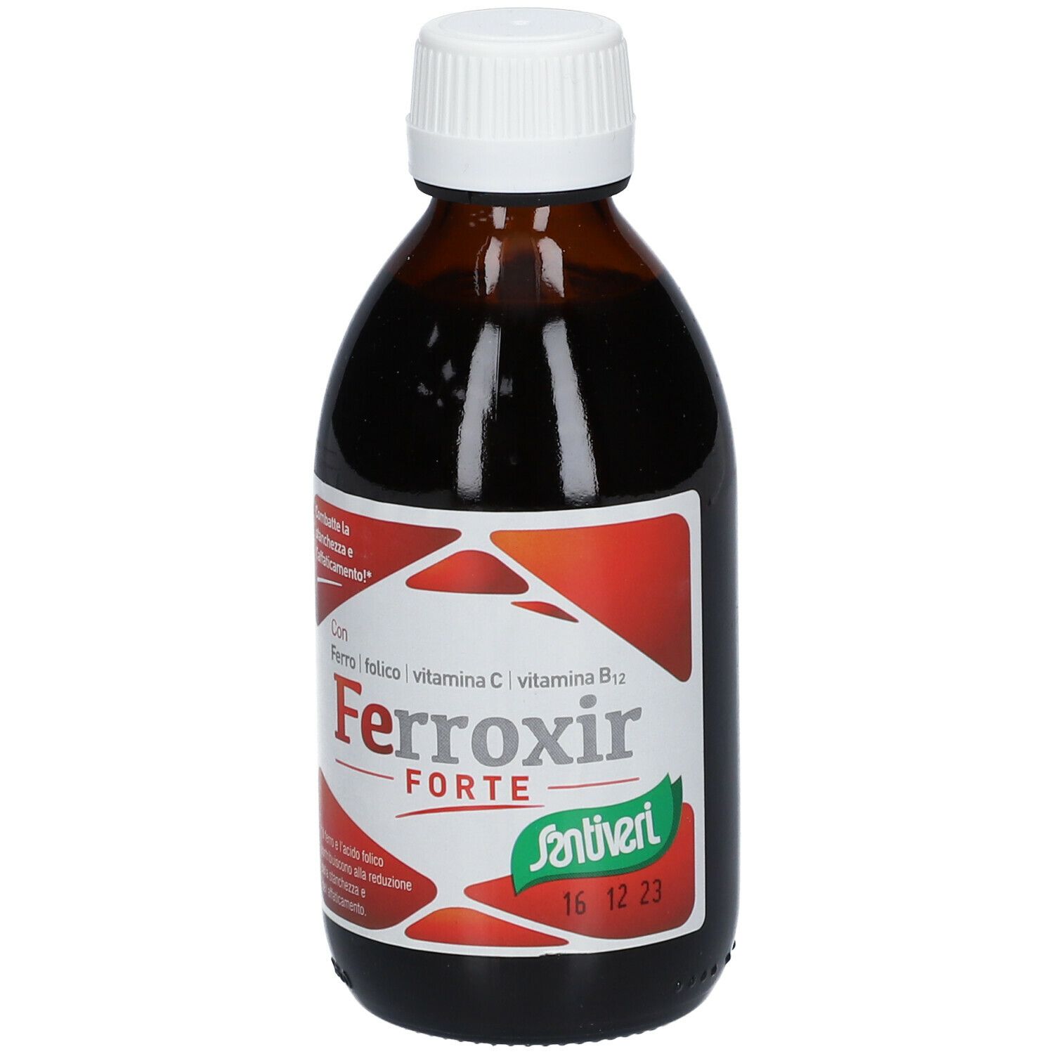 Bottiglia di vetro marrone con tappo bianco. Etichetta con nome prodotto Ferroxir Forte e logo Santiveri.